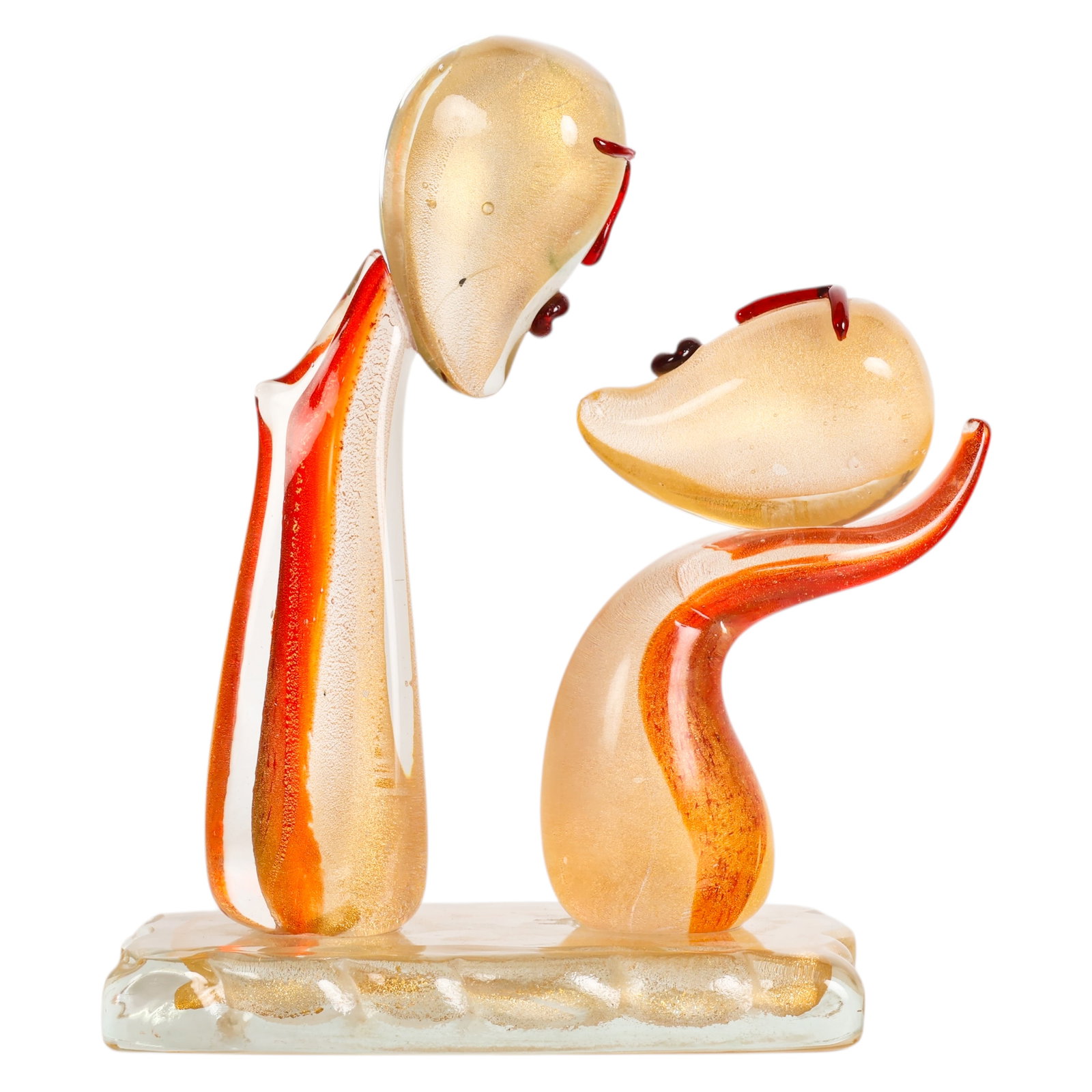 Sandro Frattin 20C. Murano Italian Glass Sculpture: Sandro Frattin (Italian, 20th century), Art 306, a Murano studio art glass figural sculpture featuring two stylized abstract figures standing on a shared clear glass base. The forms are infused with