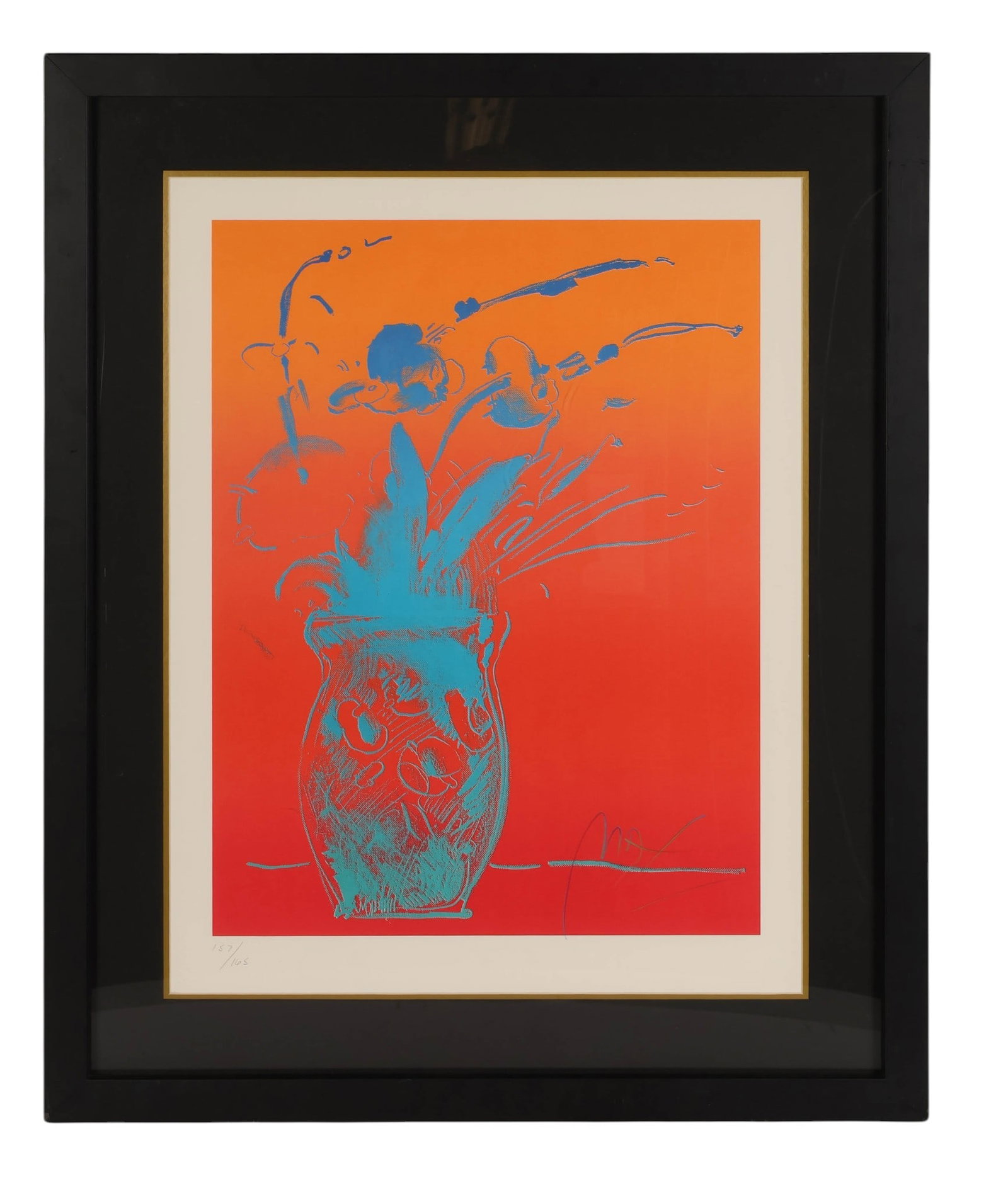 Peter Max b.1937 Blue Vase LE Lithograph SIGNED: Peter Max (German/American, born 1937), Blue Vase, color lithograph on paper depicting a vase with floral elements rendered in blue against an orange and red background. Pencil signed lower right and