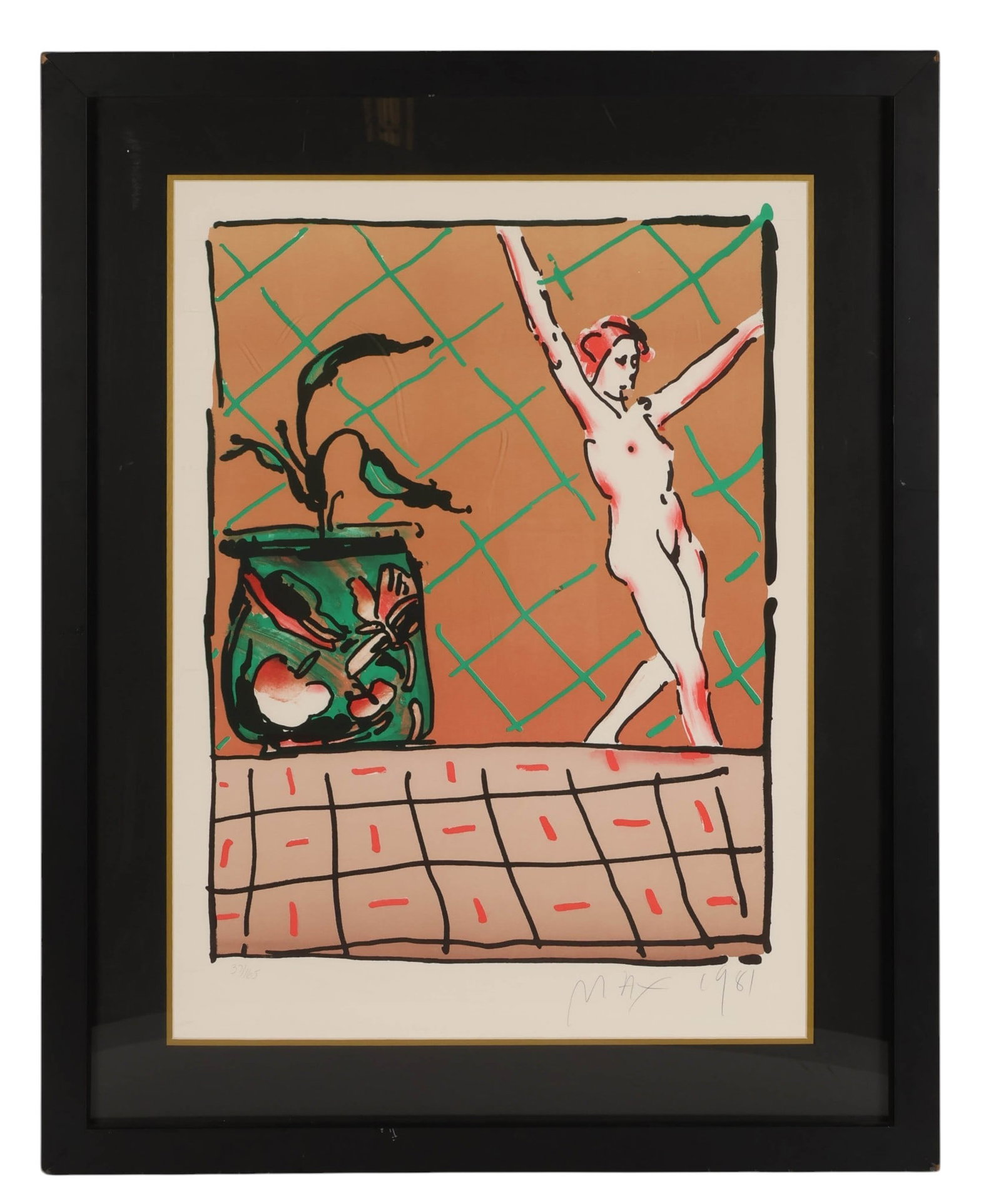 Peter Max b.1937 Ballet Story LE Lithograph SIGNED: Peter Max (German/American, born 1937), Ballet Story, color lithograph on paper depicting a nude female figure with raised arms beside a decorative vase set against a patterned background. Pencil