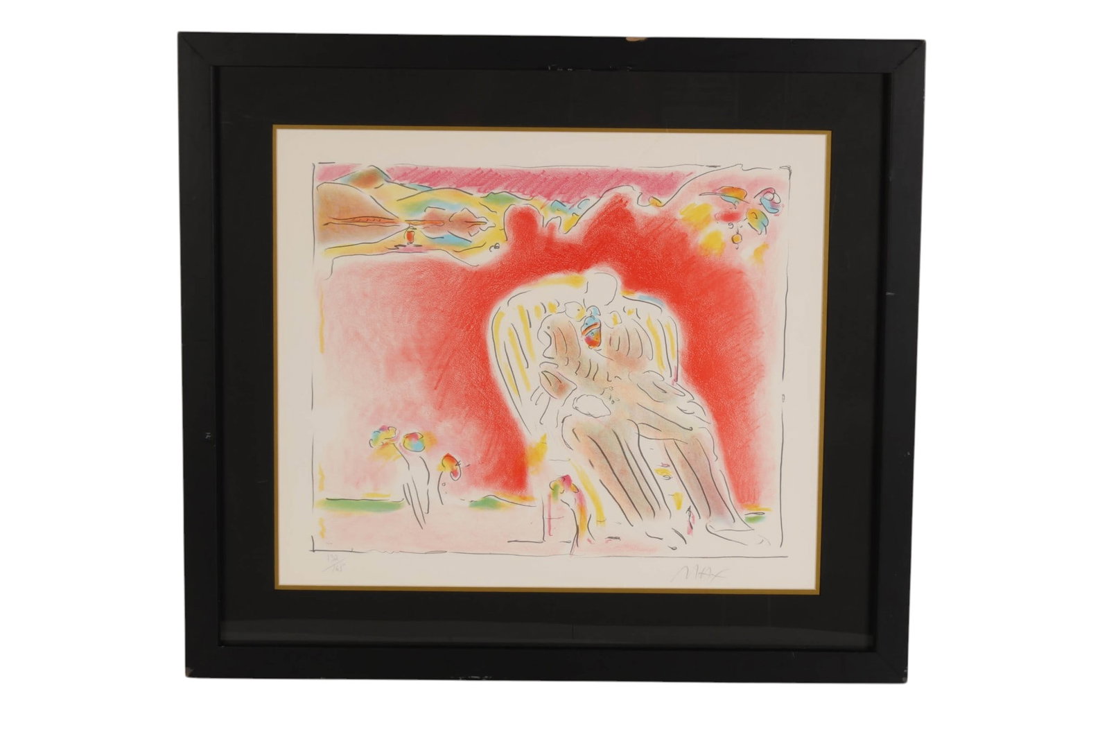 Peter Max b.1937 The Garden LE Lithograph SIGNED: Peter Max (German/American, born 1937), The Garden, color lithograph on paper depicting a seated figure in a striped chair with flowers set against a red field with landscape and abstract elements.