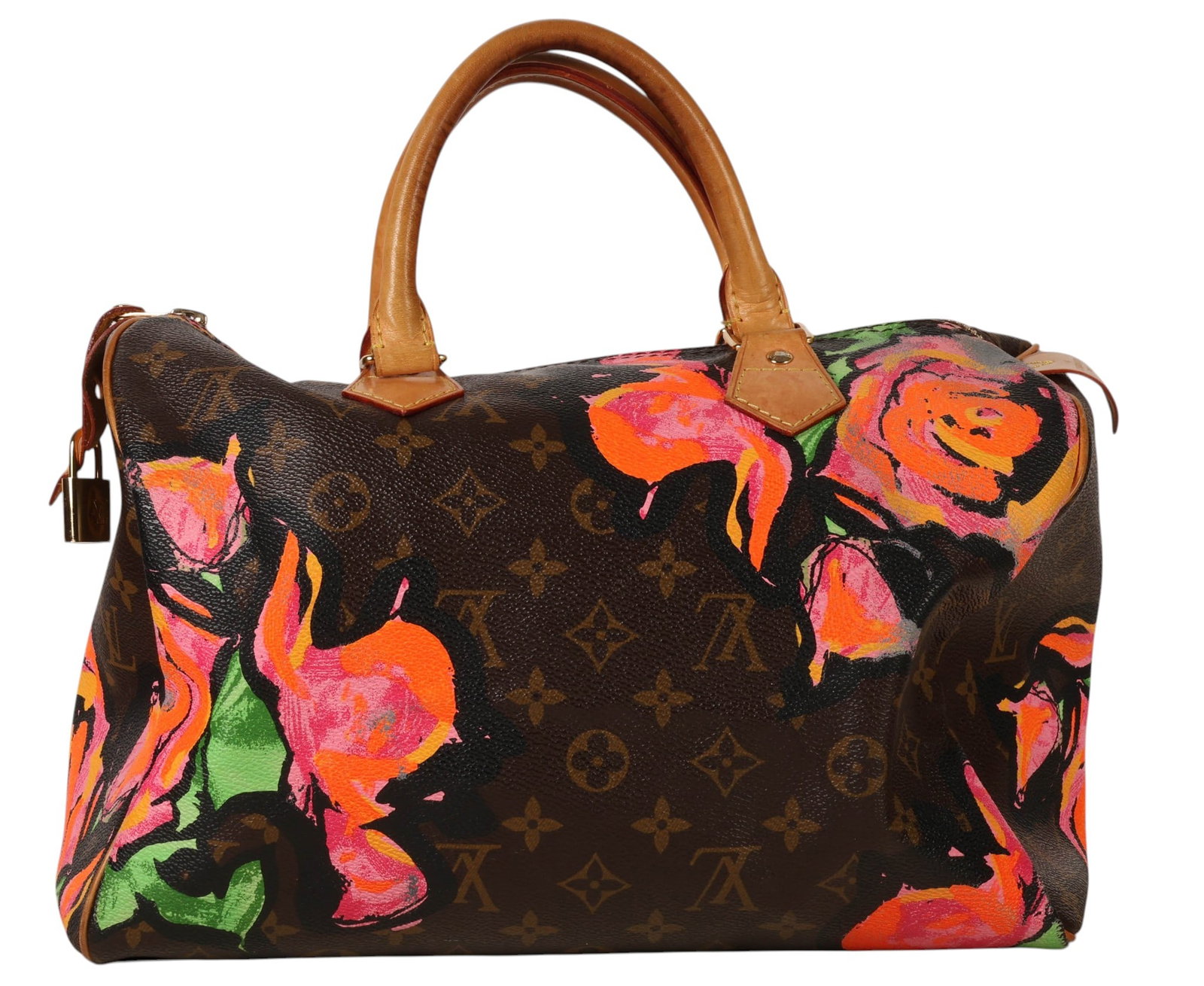 Louis Vuitton Stephen Sprouse Roses Speedy Bag: Louis Vuitton Speedy handbag in classic monogram coated canvas featuring the Stephen Sprouse Roses overlay design with large multicolor rose graphics across the exterior. Trimmed with natural cowhide