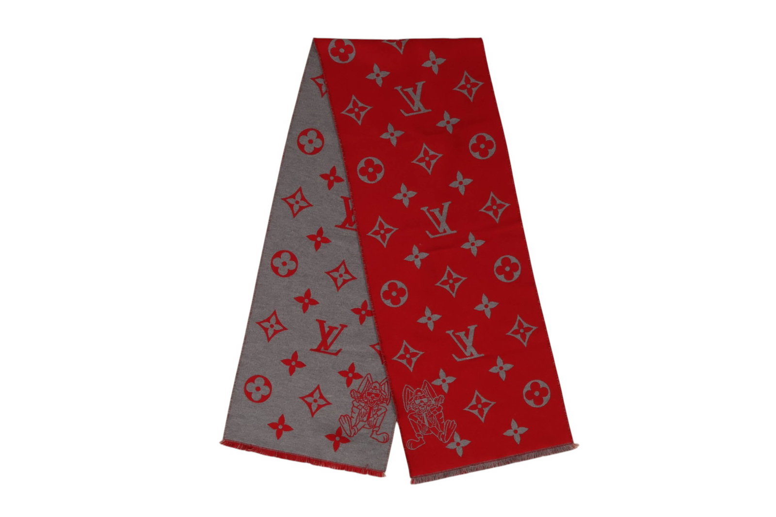 Louis Vuitton LV Rabbit Wool Scarf Red and Gray: Louis Vuitton luxury designer scarf featuring the LV monogram and floral motif pattern with a rabbit illustration at one corner. The scarf displays a reversible red and gray color design with fringe t