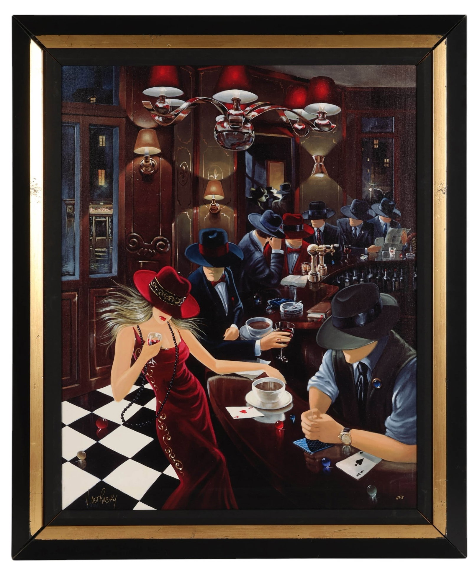 Victor Ostrovsky b.1949 Bar Scene LE Giclee SIGNED: Victor Ostrovsky (Canadian, born 1949), interior bar scene, color giclee on canvas depicting figures seated and standing at a bar table with playing cards, glasses, and bottles within a room interior.