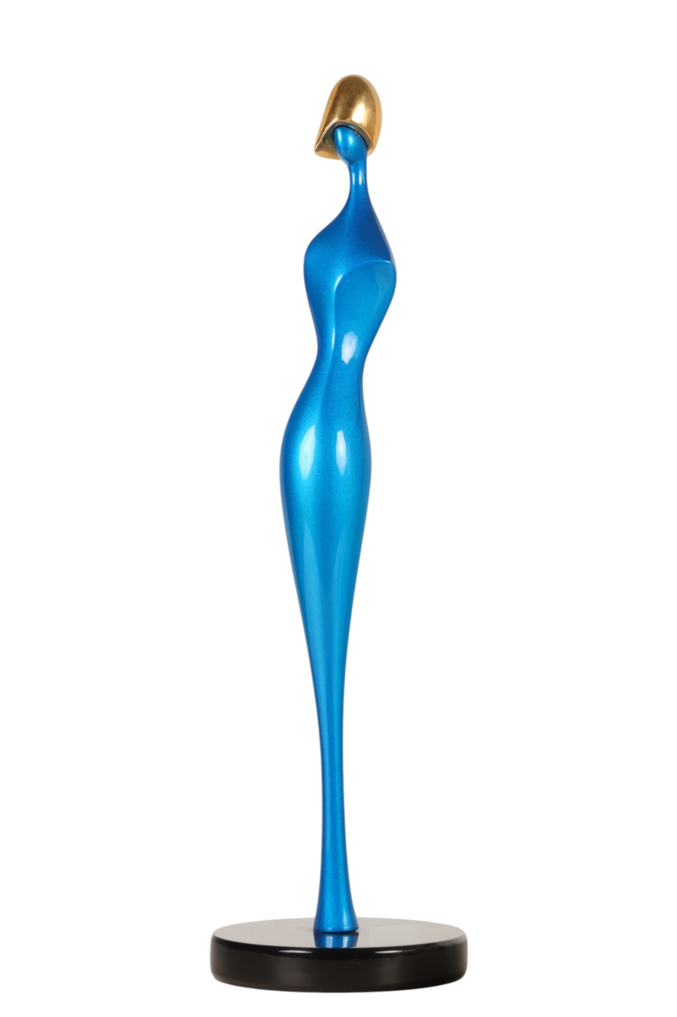 Paul Braslow 1927-2013 Paris Blue Bronze Sculpture: Paul Braslow (American, 1927-2013), Paris, modern bronze sculpture featuring an elongated abstract figural form rendered in a vibrant blue finish with a stylized gold-toned head element. The sleek, mo