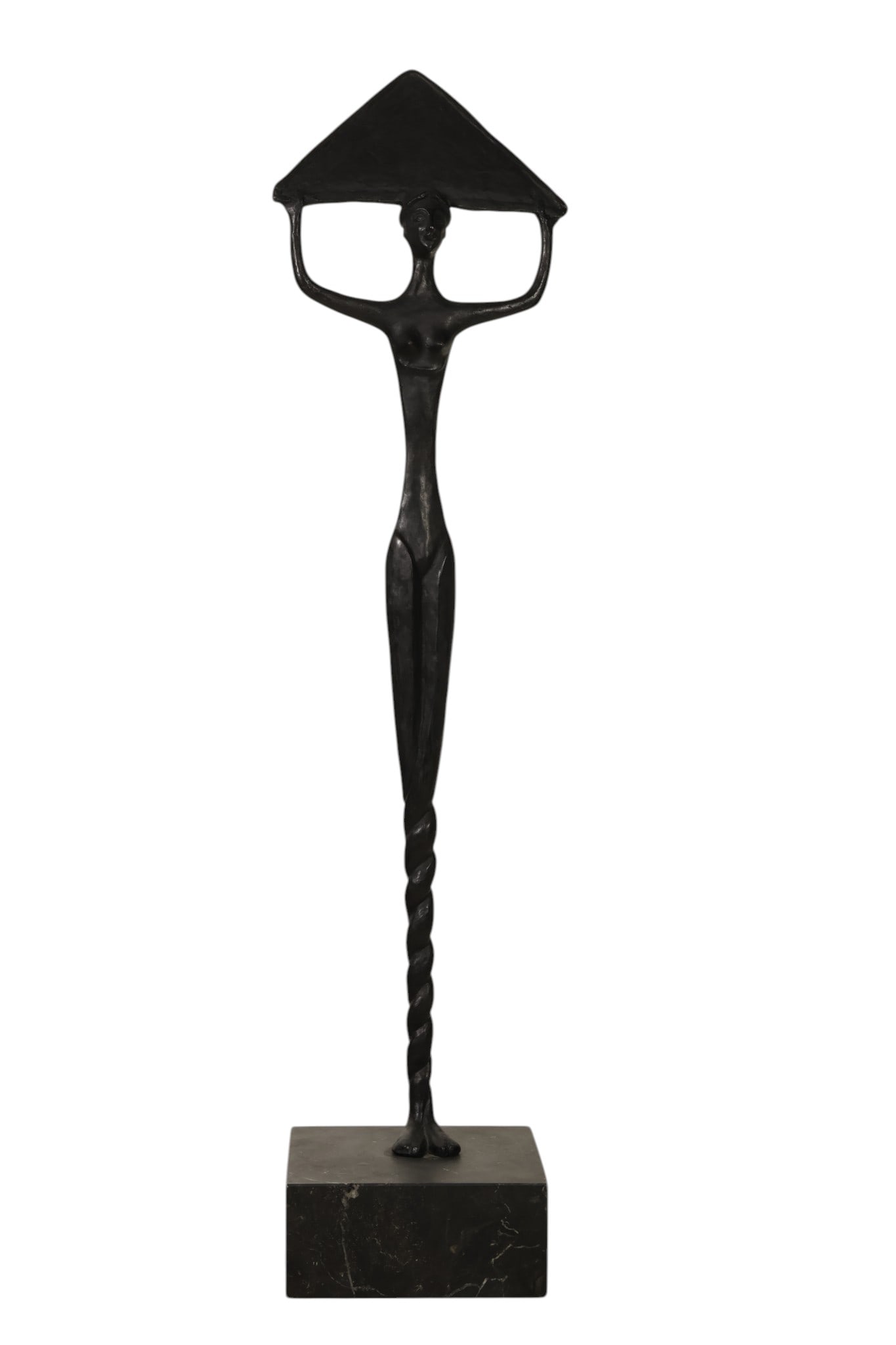 Modernist Bronze Nude Figure On Black Stone Base: A Modernist bronze nude figure sculpture depicting a stylized female form standing on an integral base while holding a triangular form above her head. The figure is rendered with simplified lines and