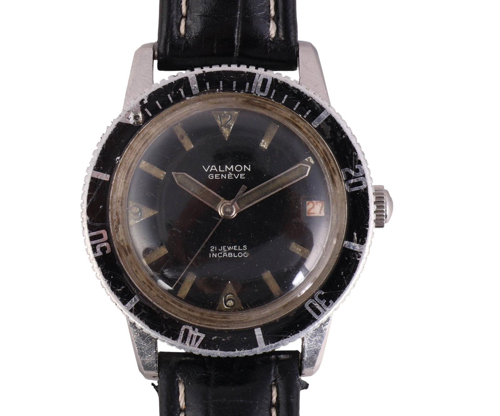Valmon Geneve 21 Jewels Incabloc Steel 1195 Watch: Valmon Geneve vintage 21-jewel Incabloc automatic wristwatch housed in a stainless steel case measuring approximately 37.5mm in diameter (excluding crown). The black dial is signed Valmon Geneve and 2