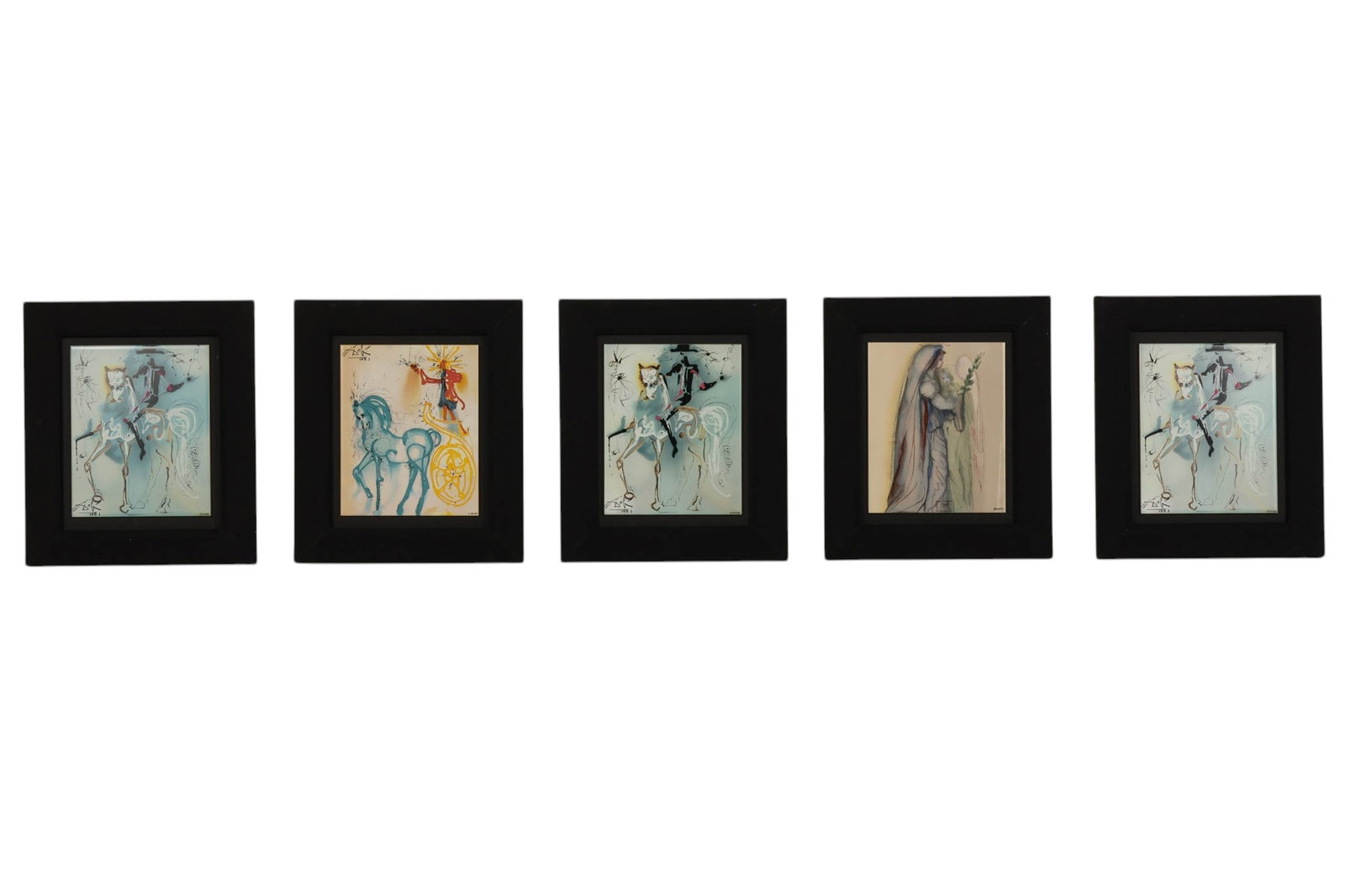 (5) x Lithographs on Ceramic after Dali 1904-1989: Lot of five glazed ceramic tile lithographs after Salvador Dali (Spanish, 1904-1989), each presented in a black frame. The collection includes one Angel composition from The Divine Comedy series, one