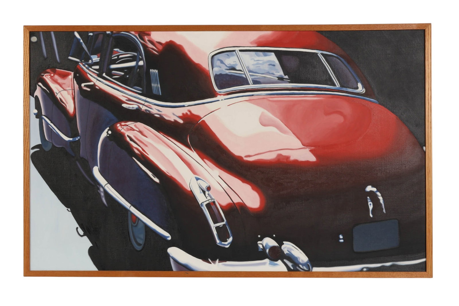 Vintage Automotive Sports Car Painting SIGNED: Painting on canvas depicting a stylized rear view of a red vintage sports car rendered in a bold, graphic manner with strong highlights and deep shadow contrasts. The composition emphasizes the sleek