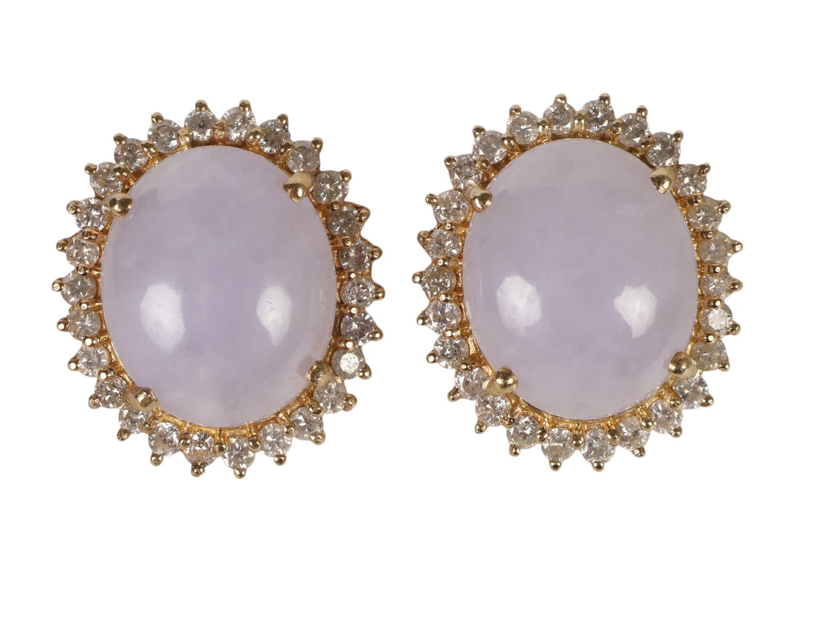 14k Gold Lavender Jade Diamond Clip Earrings 14.5g: 14K yellow gold pair of earrings featuring lavender jade stones surrounded by diamond halos. Each earring is set with an oval-cut cabochon jade measuring approximately 17 x 14 mm. Surrounding each jad