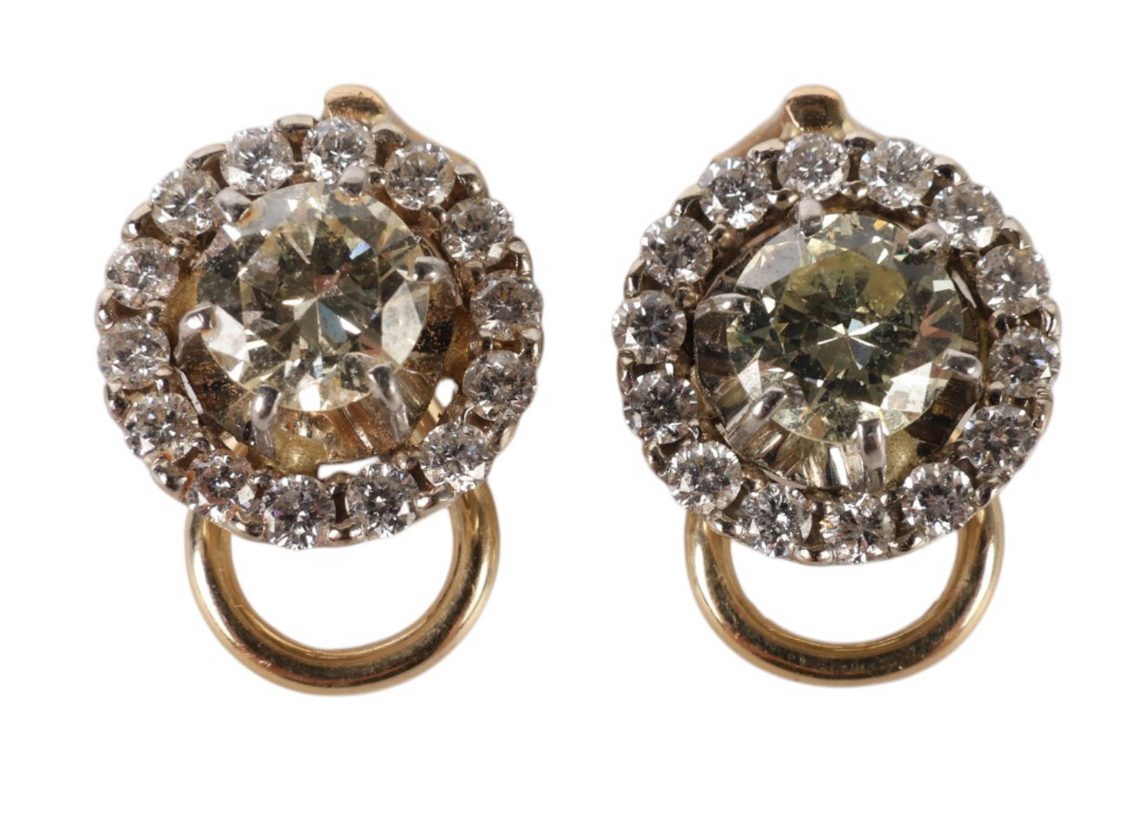 14k Yellow Gold Diamond Halo Clip-On Earrings 4.5g: 14K yellow gold pair of diamond earrings featuring round brilliant-cut center natural diamonds surrounded by a halo of smaller accent diamonds. Each earring is designed in a circular cluster form meas