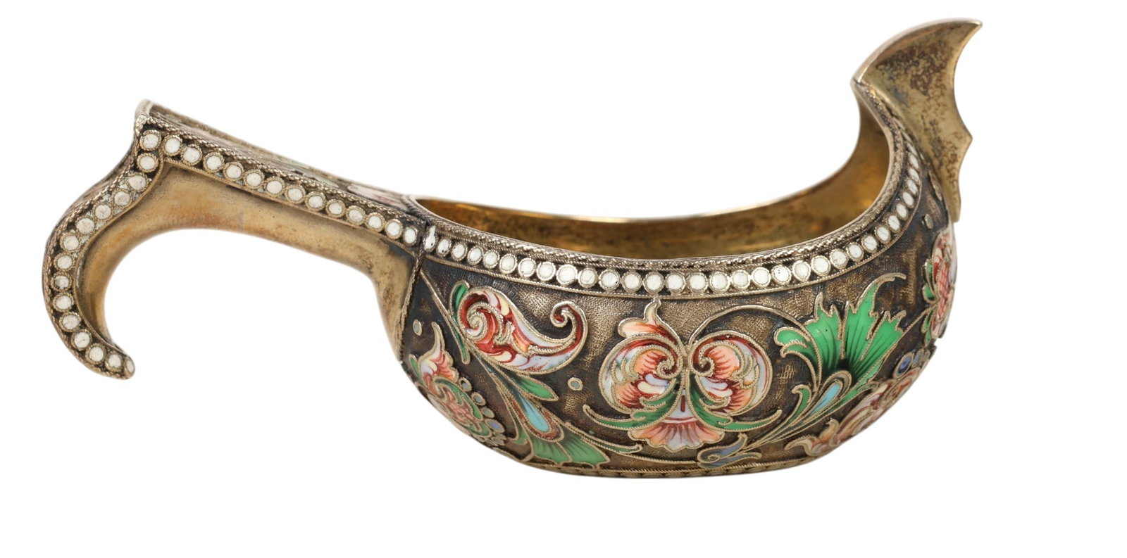 Russian Silver Cloisonne Kovsh Pitcher Creamer 80g: Russian silver kovsh, a traditional boat-shaped vessel, executed in shaded cloisonne enamel over silver. The body is decorated with intricate polychrome foliate scrollwork in green, blue, red, and whi