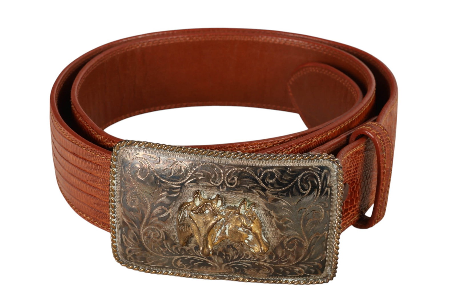 Ralph Lauren LE Sterling Silver Equestrian Buckle: Ralph Lauren limited edition equestrian sterling silver belt buckle featuring two horse head motifs in relief, surrounded by engraved scrollwork and a beaded border. The reverse is marked RL '78 along