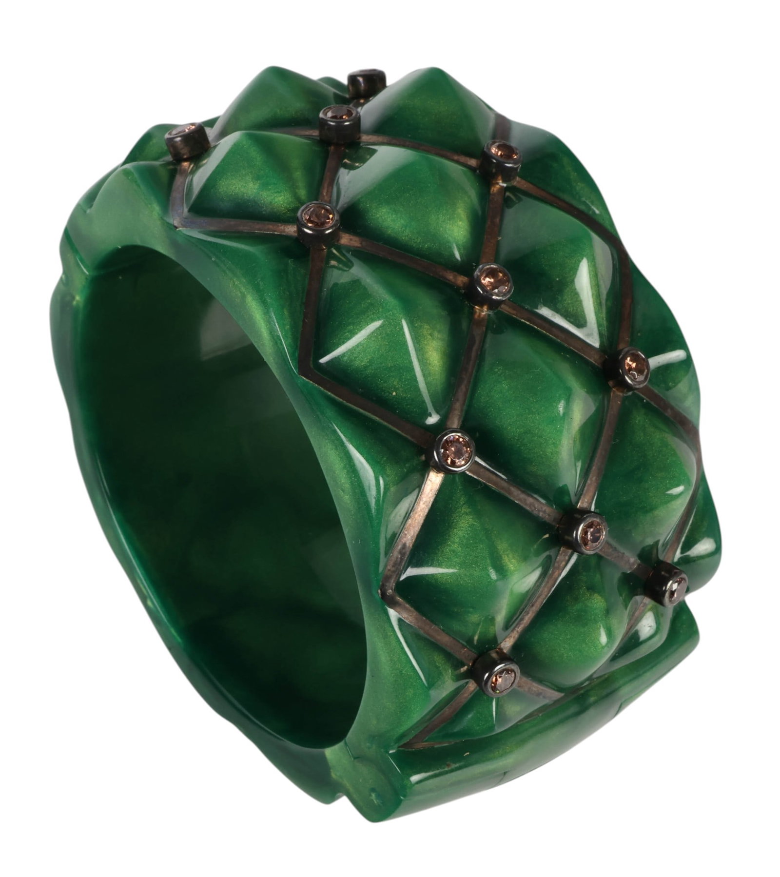 Miriam Salat Sterling Green Acrylic Cuff Bracelet: Miriam Salat wide cuff bracelet composed of molded green resin in a faceted geometric design. The bracelet features a quilted diamond pattern accented with dark metal tone cross elements and small app