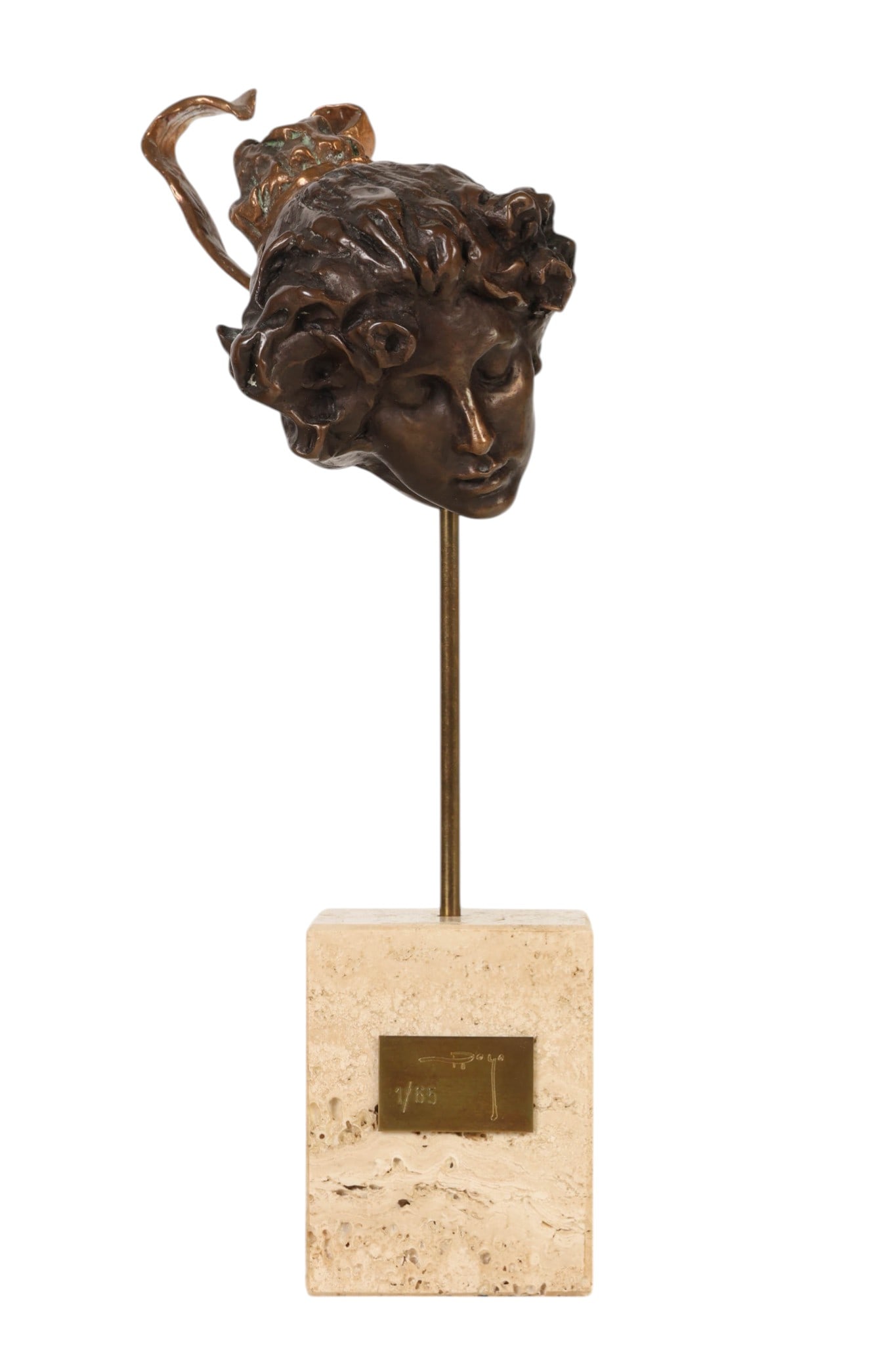 Jose Royo b.1941 Female Bust Bronze Sculpture: Jose Royo (French, born 1941), bronze sculpture depicting a female head with floral hair detail, mounted on a vertical metal rod and stone base. The base retains a metal plaque engraved with the editi