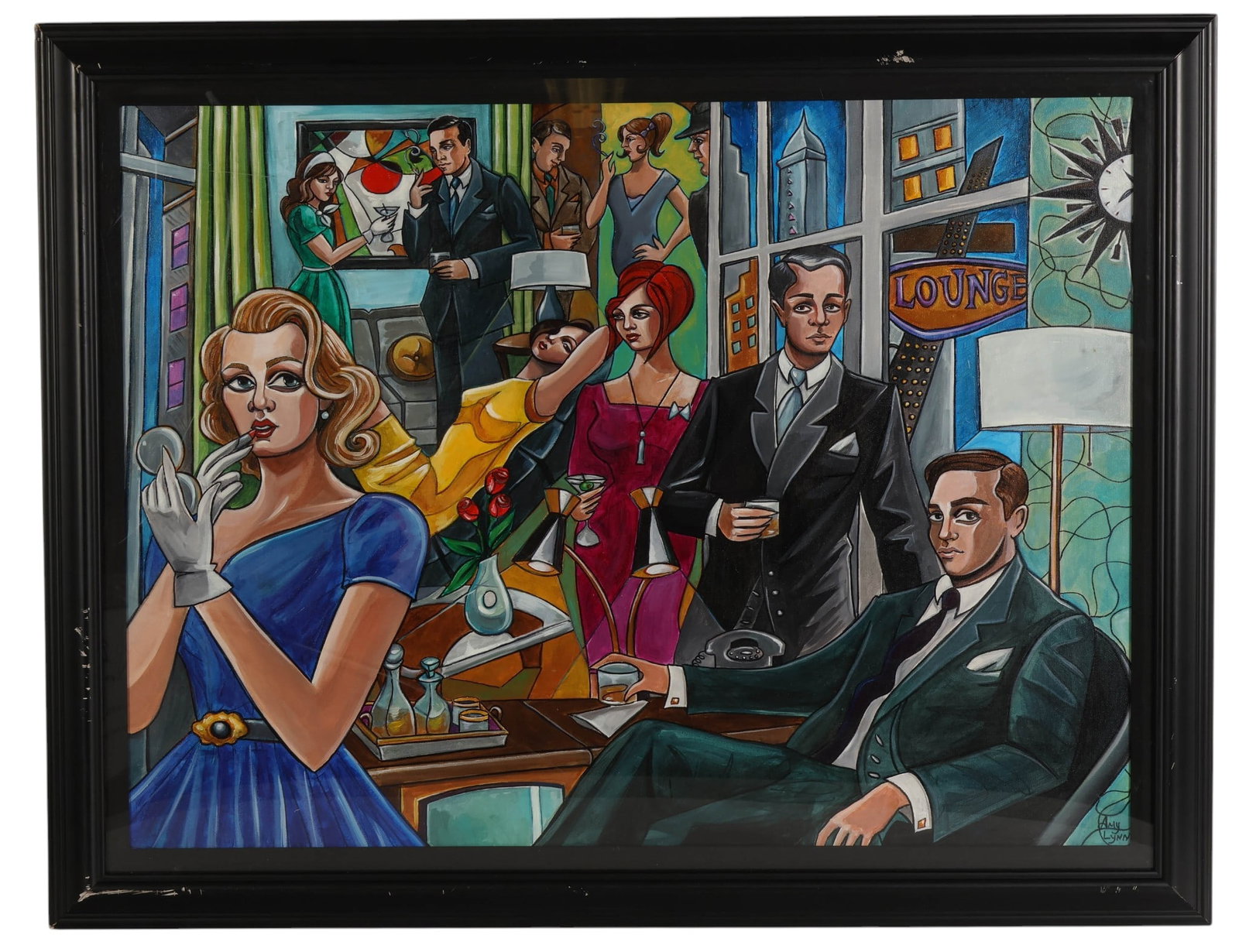 Amy Lynn b.1973 Its A Mad Mad World Oil Painting: Amy Lynn (American, born 1973), It's a Mad Mad World, oil on canvas depicting a lively interior lounge or cocktail bar scene with elegantly dressed figures socializing in a modern urban setting. Signe