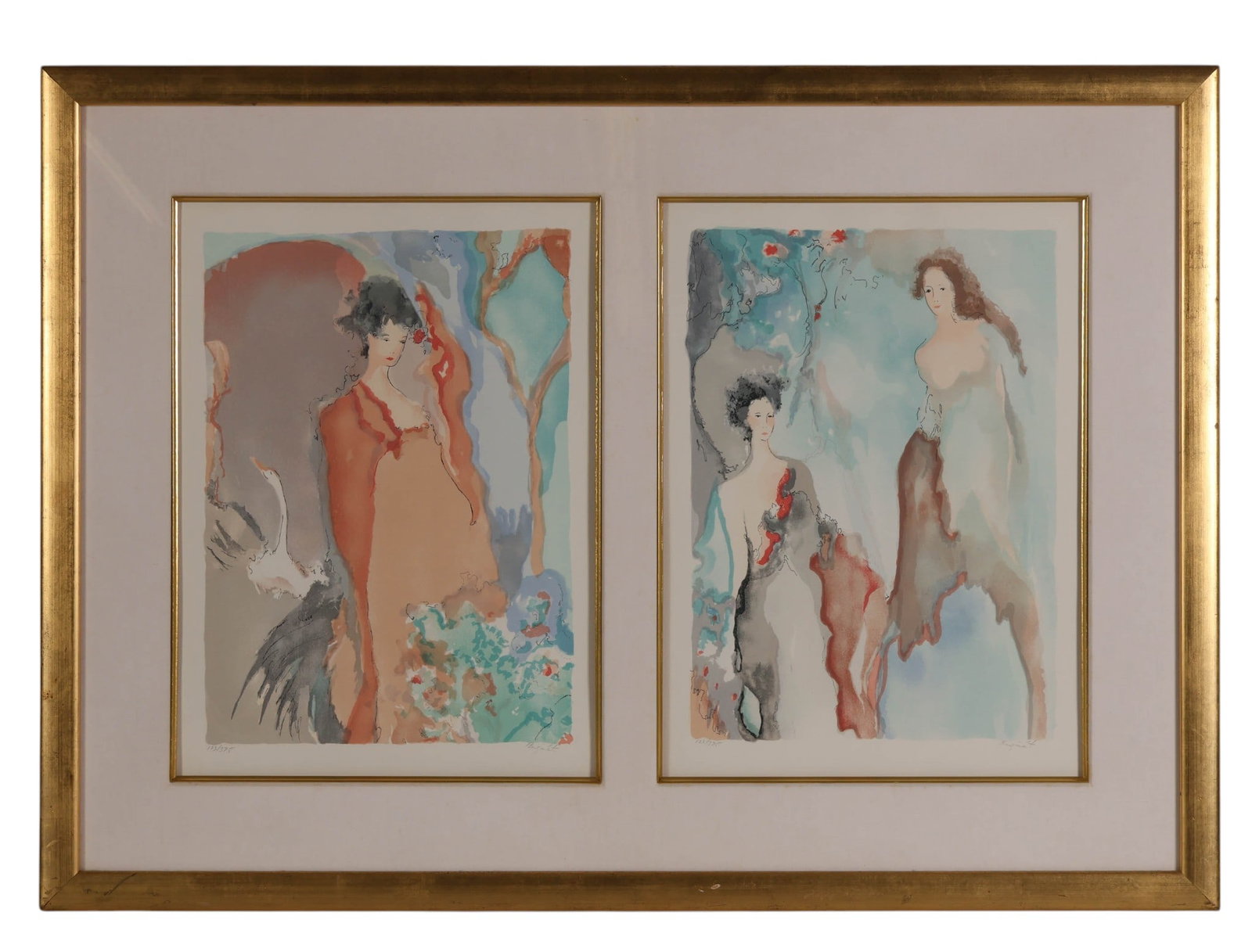 Jane Annette Bazinet b.1945 Diptych Litho SIGNED: Jane Annette Bazinet (American, born 1945), color lithograph diptych on paper featuring two figural compositions of stylized female figures rendered in a soft, fluid palette. The works depict elongate