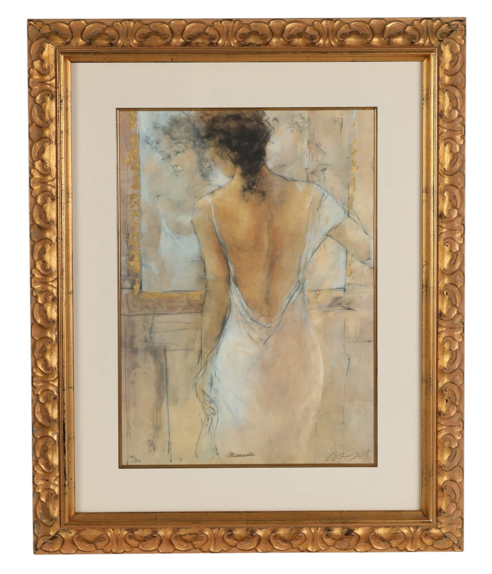 Gary Benfield b.1965 Miranda LE Lithograph SIGNED: Gary Benfield (English, born 1965) Miranda, limited edition figural print depicting a woman viewed from behind, standing before a mirror in an interior setting. The work is signed lower right and numb