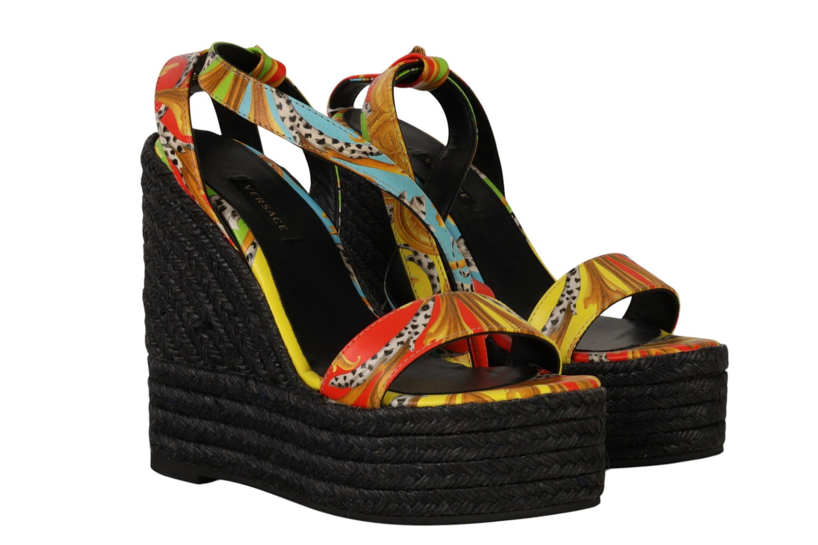 Versace Leather Ankle Strap Platform Wedges Size 8: Versace pair of platform wedge sandals featuring multicolor Baroque print leather straps with a Medusa head hardware accent at the back. The sandals display an open toe design with ankle straps and bl