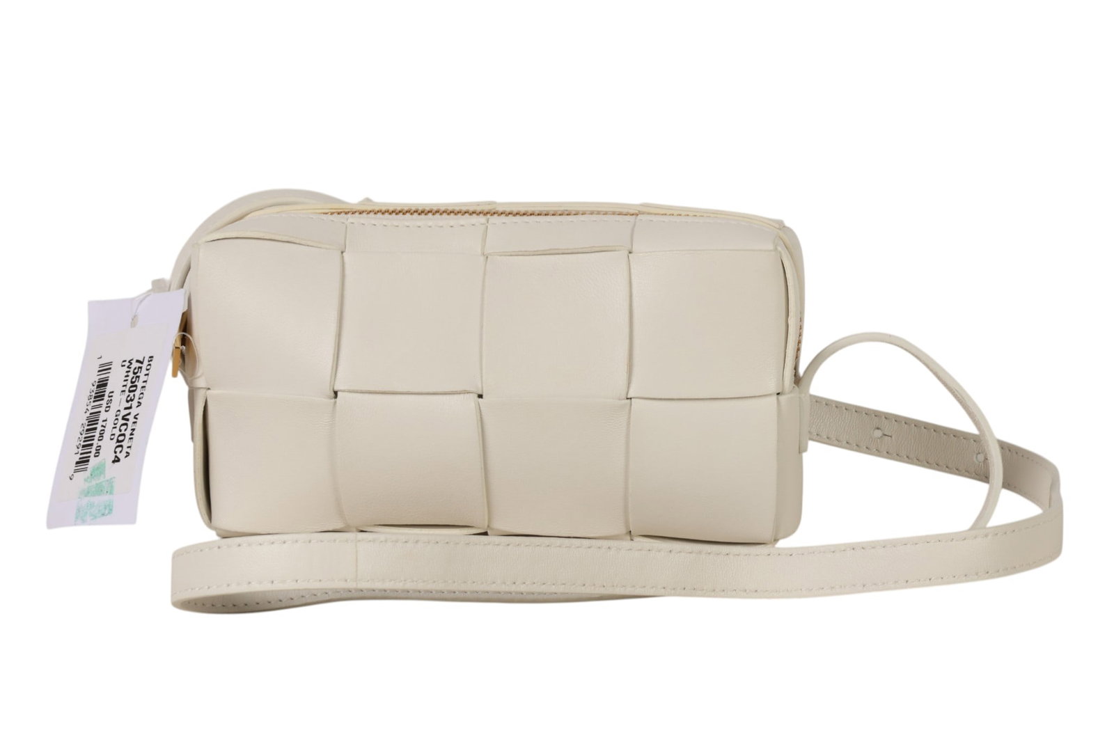 Bottega Veneta White Intrecciato Leather Bag Purse: Bottega Veneta crossbody bag constructed of white leather in the signature Intrecciato woven design. The bag features a zip-top closure with gold-tone hardware and an adjustable leather shoulder strap