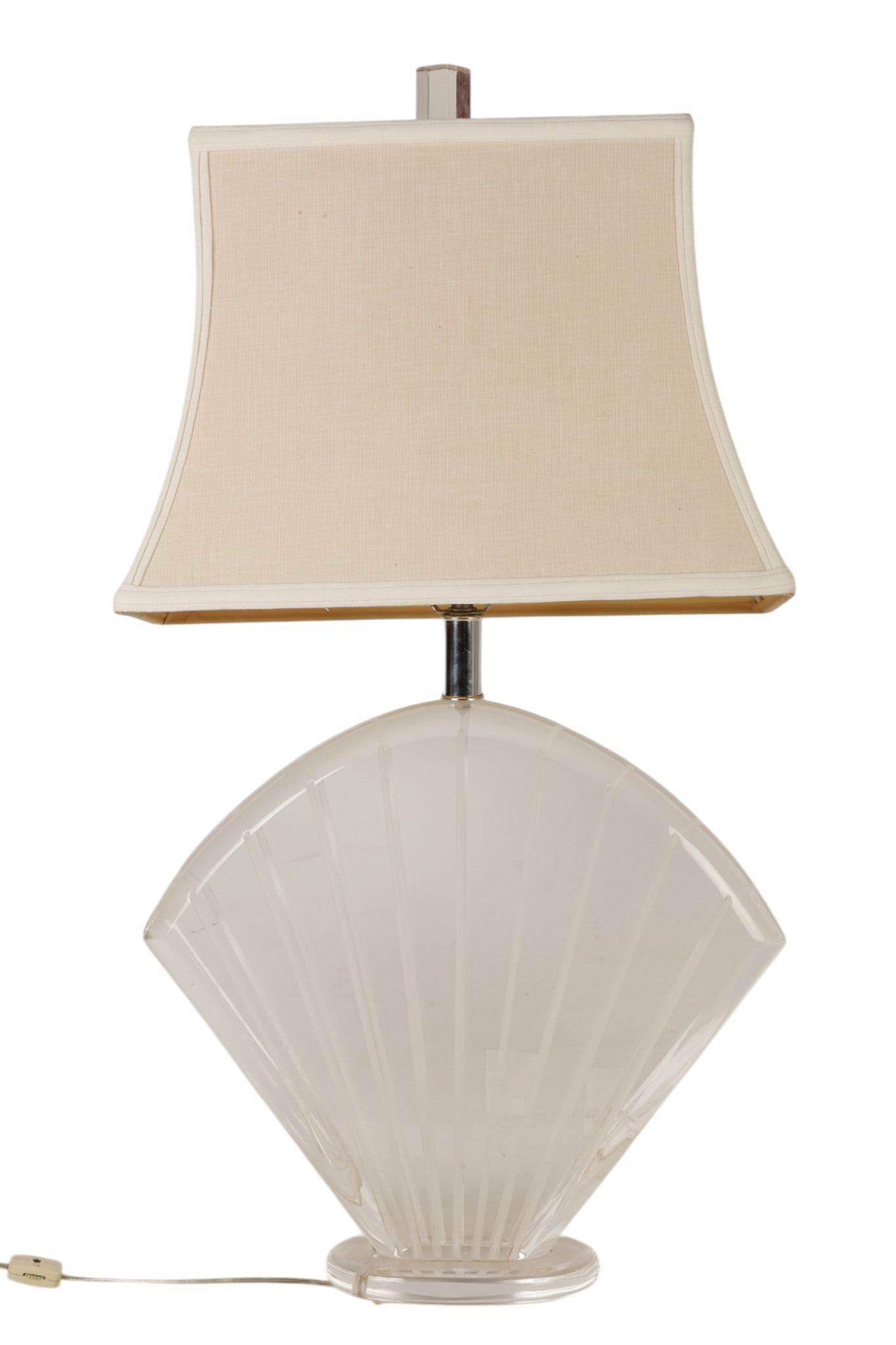 Hivo Van Teak b.1976 Lucite Fan Shape Lamp SIGNED: Hivo G Van Teal (Cuban, born 1976) lucite table lamp featuring a fan-form base composed of radiating vertical elements set within a clear acrylic frame, with a rectangular lucite finial. The base is s