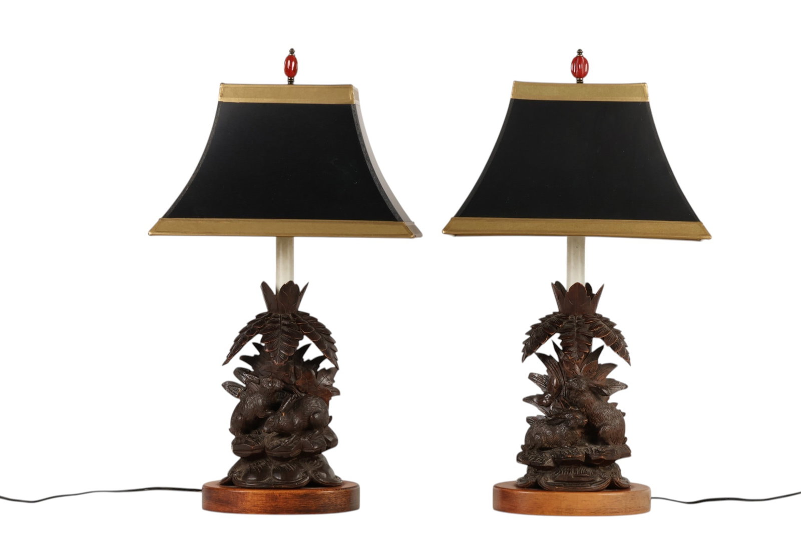 Black Forest Pair Carved Wood Figural Rabbit Lamps (1 of 9)