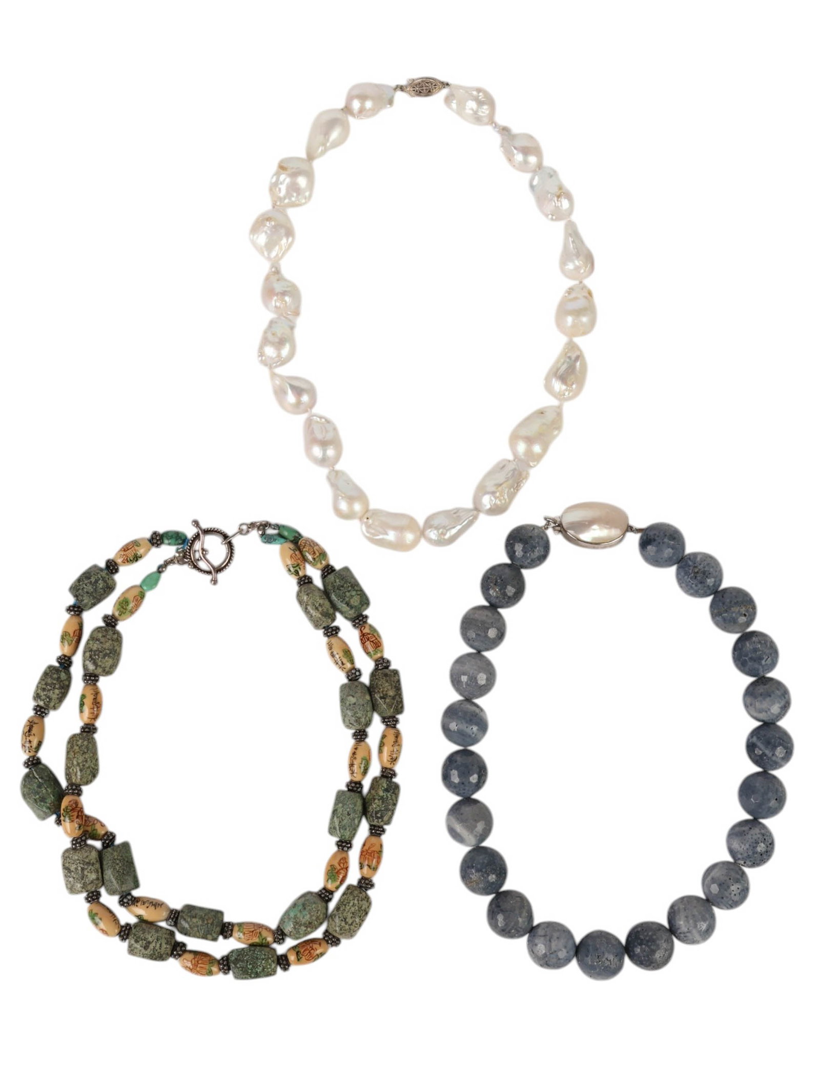 Natural Hardstone & Baroque Pearl Necklace 3pc LOT: Natural stone and pearl estate lot of three necklaces including a baroque pearl necklace composed of irregular pearls individually knotted and secured with a filigree silver clasp, with pearls measuri