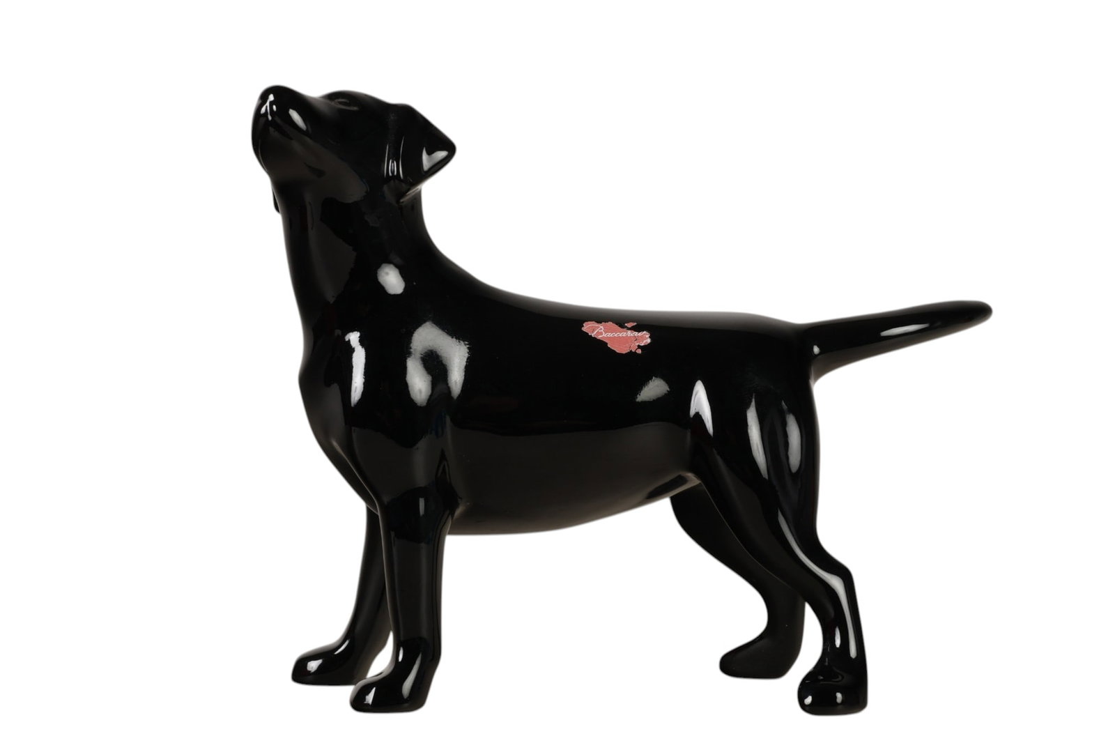 Baccarat French Crystal Black Labrador Dog w/ Box: Baccarat French crystal black glass sculpture depicting a standing Labrador retriever with a sleek polished finish. The dog is signed and retains a partial foil label. The figure is accompanied by its