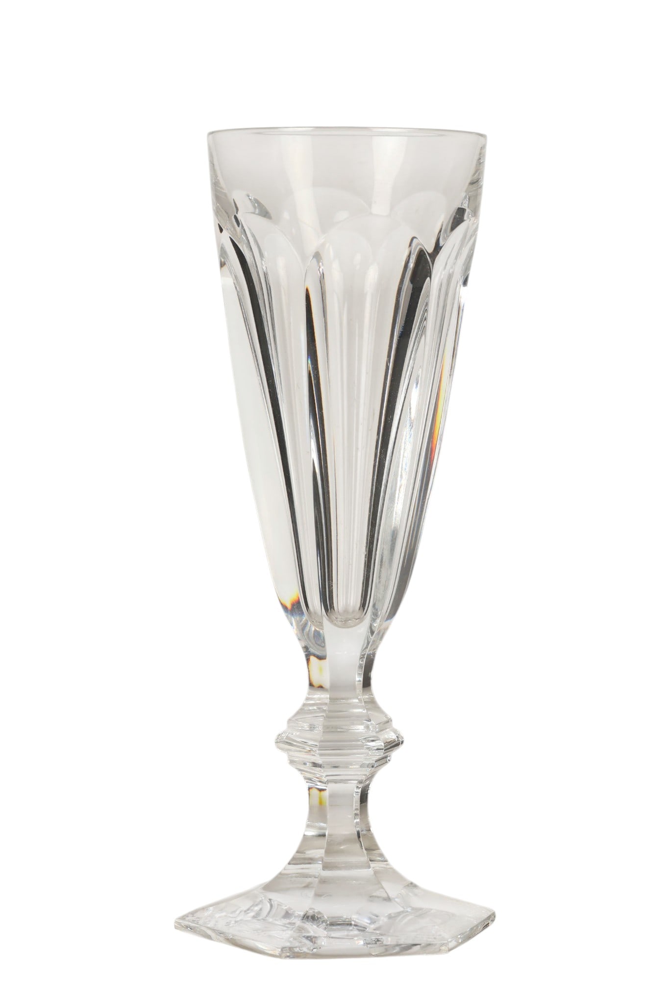 Baccarat Crystal Harcourt Champagne Flutes 7pc SET: Set of seven Baccarat French Harcourt champagne flutes in clear crystal. Featuring the classic faceted bowl, hexagonal stem, and hexagonal foot in the Harcourt pattern. Maker marks on bases.Dimensions