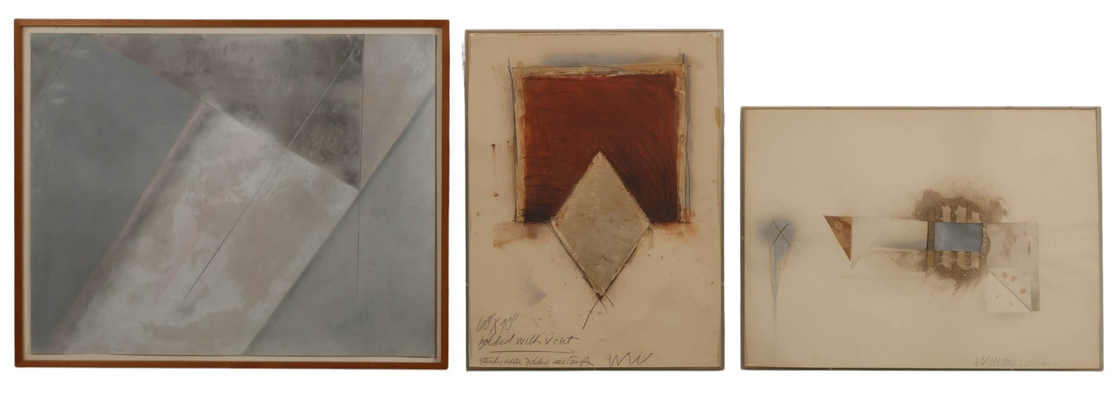 William Willis & Robin Rose Abstract Works 3pc LOT: Lot of three abstract works on paper featuring geometric forms, layered materials, and gestural marks rendered in muted earth tones. Two works are by William Willis (American, born 1943), titled Study