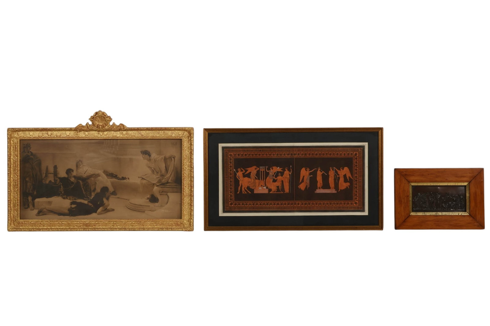 Antique Neoclassical Greco Roman Themed Art LOT: Three-piece lot of antique classical-themed decorative works. The first piece is a stamped bronzed metal relief plaque depicting a Neoclassical figural procession with draped figures and putti in low