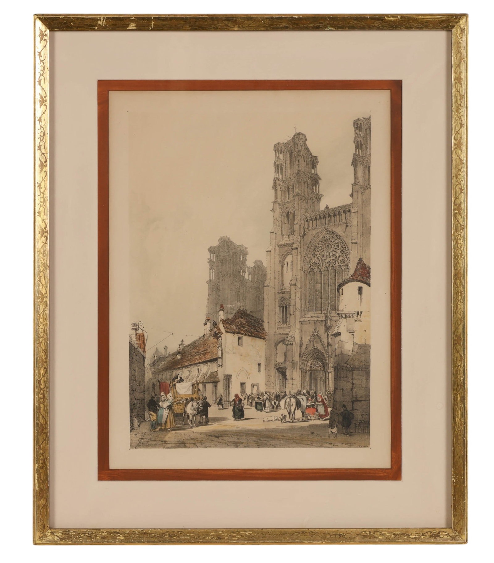 Antique French Architectural Landscape Etching: Thomas Shotter Boys (British, 1803-1874), antique color engraving on paper titled Laon, France, as part of the series Picturesque Architecture in Paris, Ghent, Antwerp, Rouen. The composition depicts