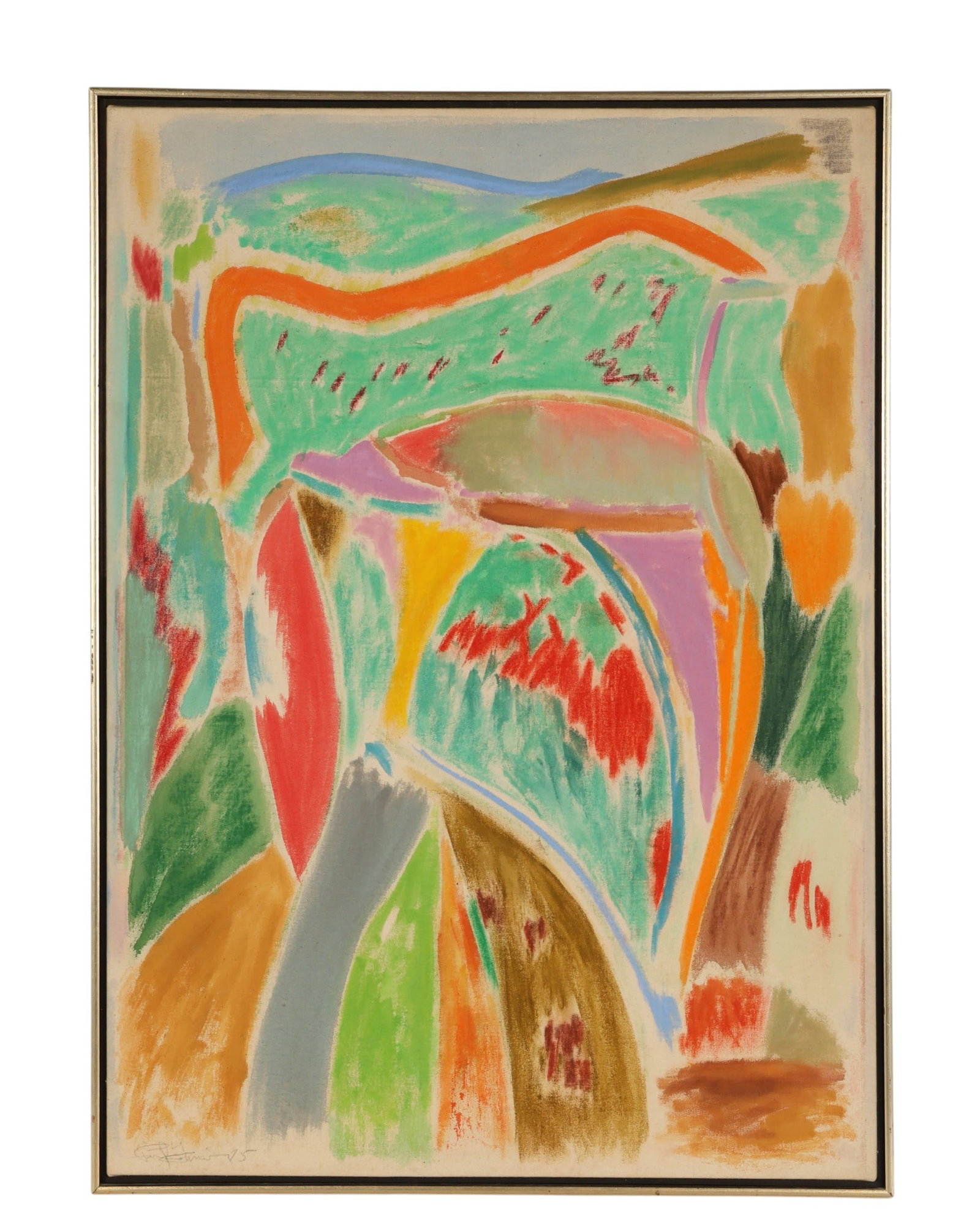 Paul Fournier b1939 Abstract Florida Park Painting: Alexander Paul Fournier (Canadian, born 1939), acrylic and pastel on canvas abstract composition titled Florida Park #1, created in 1975. The work features bold gestural forms and sweeping color