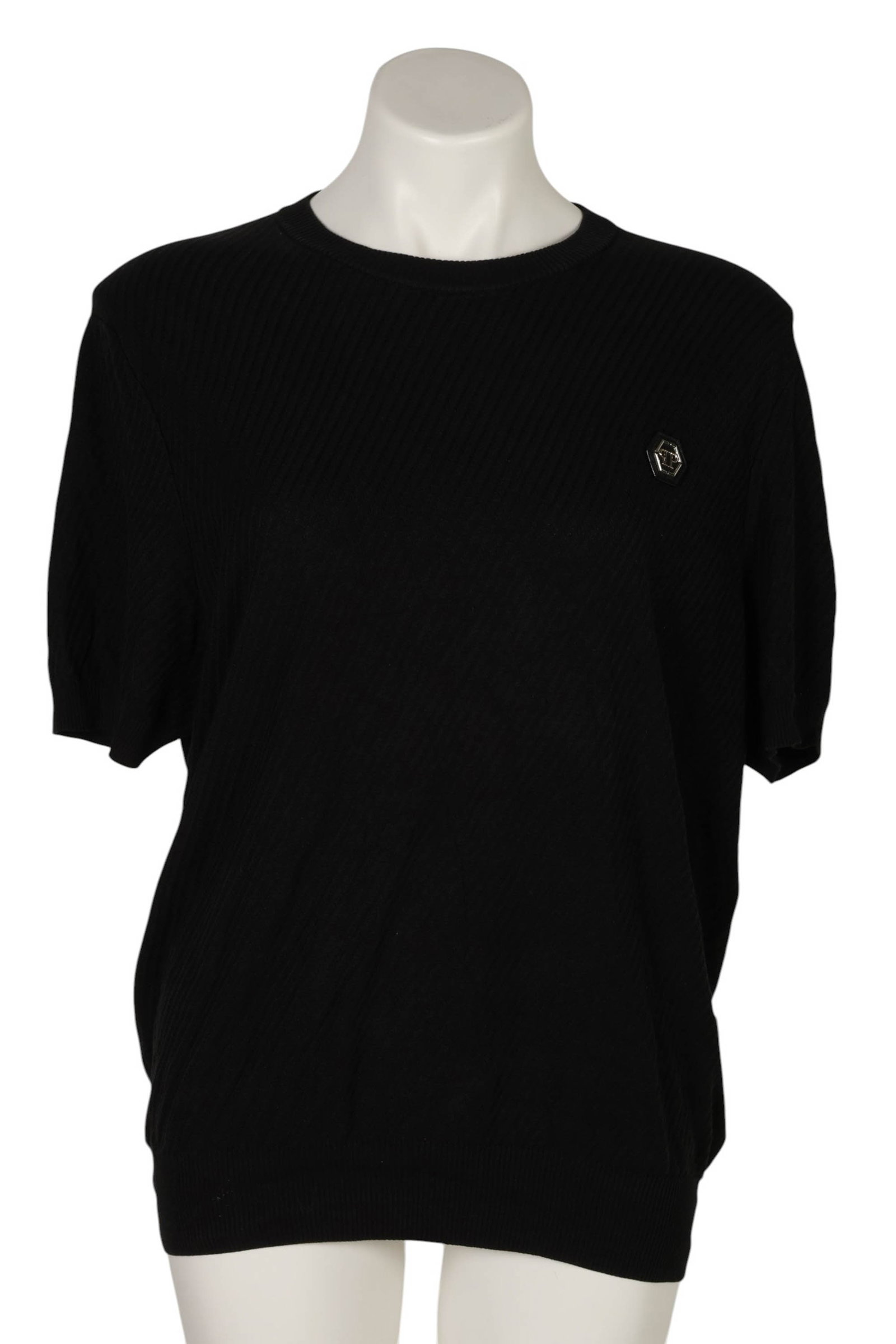 Philipp Plein Black Silk Short Sleeve Knit T-Shirt: Philipp Plein luxury designer short sleeve knit T-shirt featuring a textured ribbed design in black. The shirt is accented with the brands signature hexagonal PP logo emblem at the chest. The