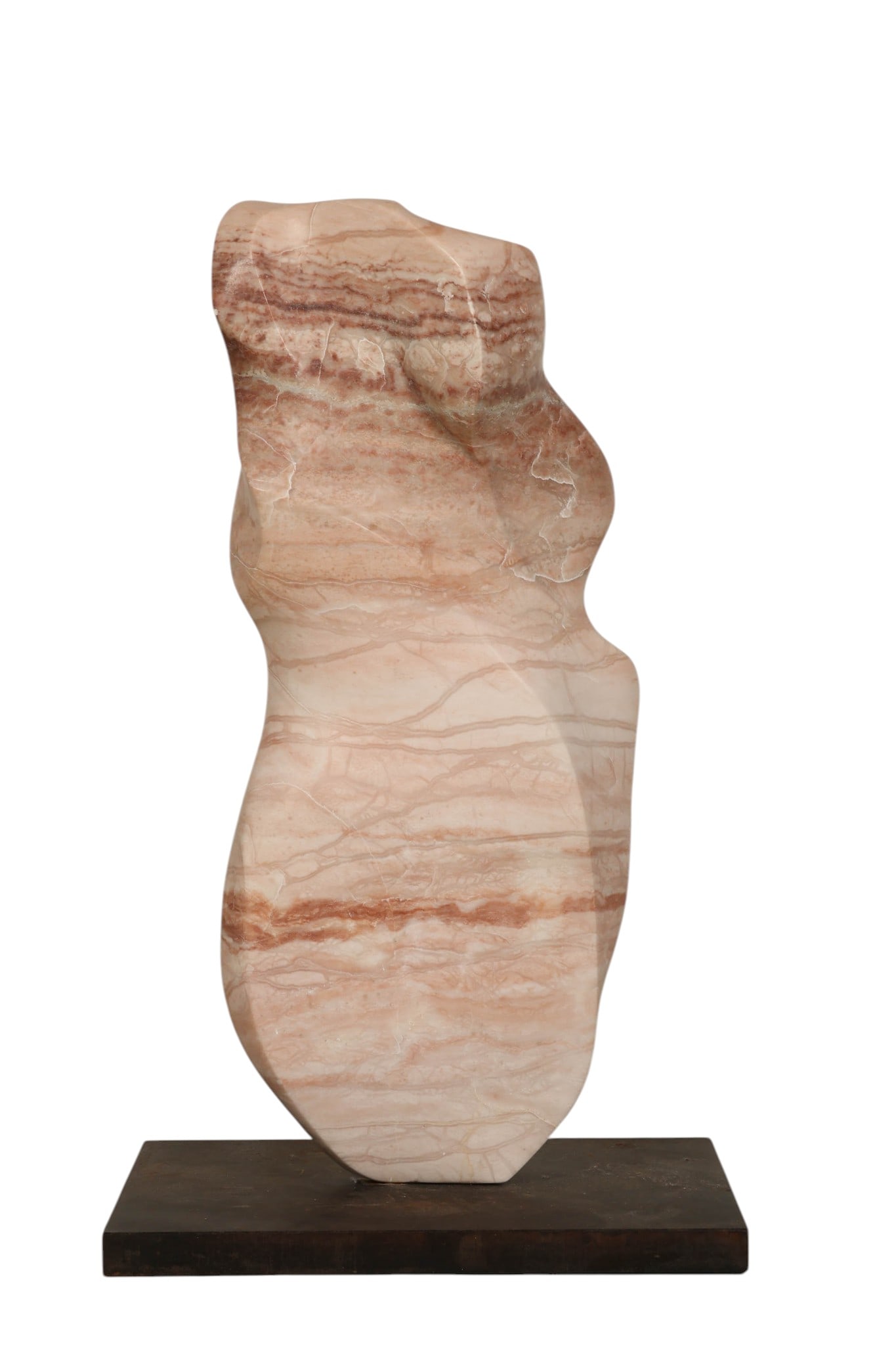 Abstract Modernist Carved Stone Sculpture on Base: Abstract carved stone sculpture depicting a stylized torso form, executed in a solid piece of stone with natural banded veining in soft pink, cream, and beige tones. The organic, flowing contours