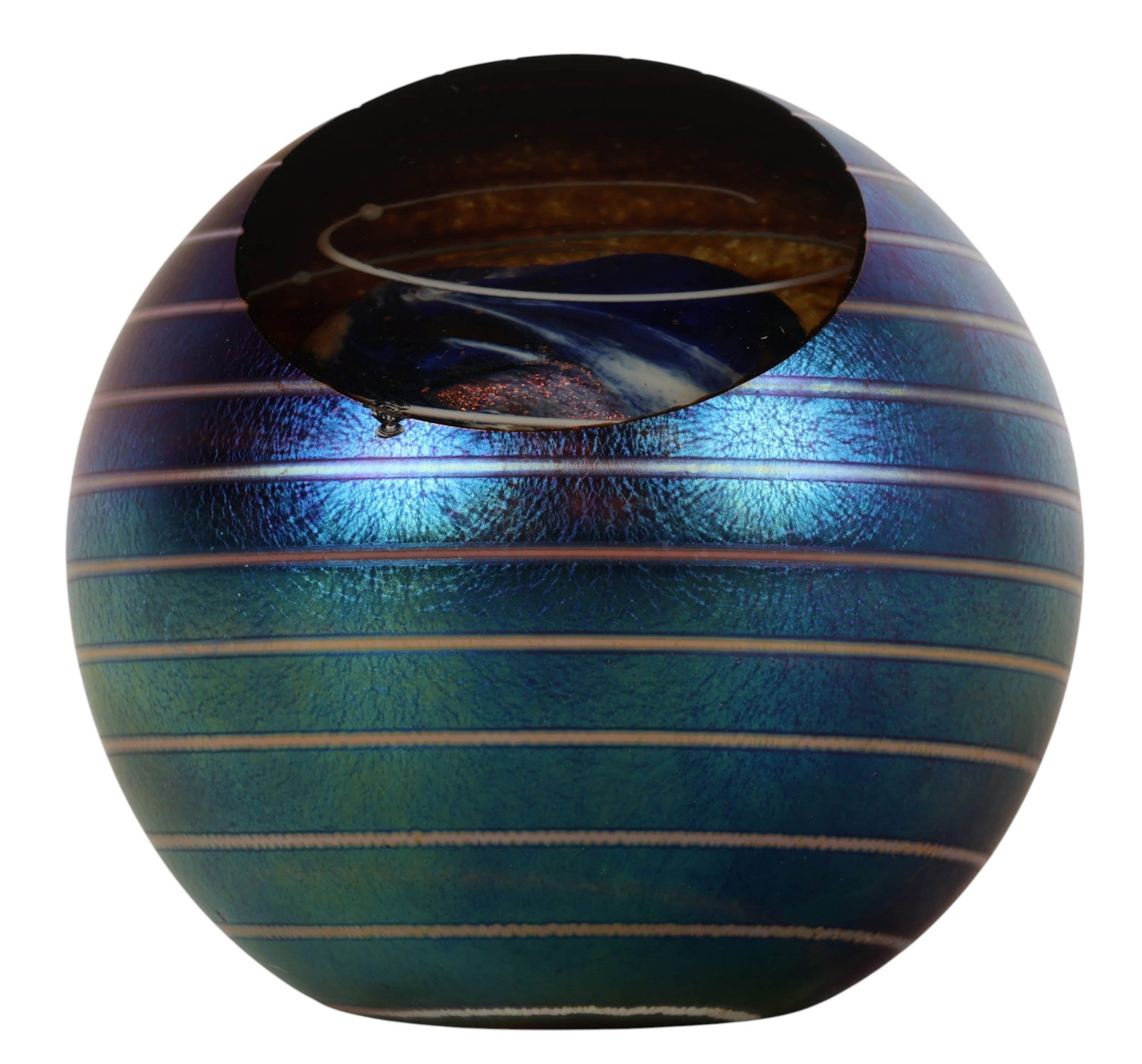 GES Glass Eye Studio Celestial Earth Paperweight: Glass Eye Studio, art glass paperweight of spherical form featuring an internally detailed celestial view of Earth, rendered in blue, purple, and gold tones with applied white trailing decoration and 