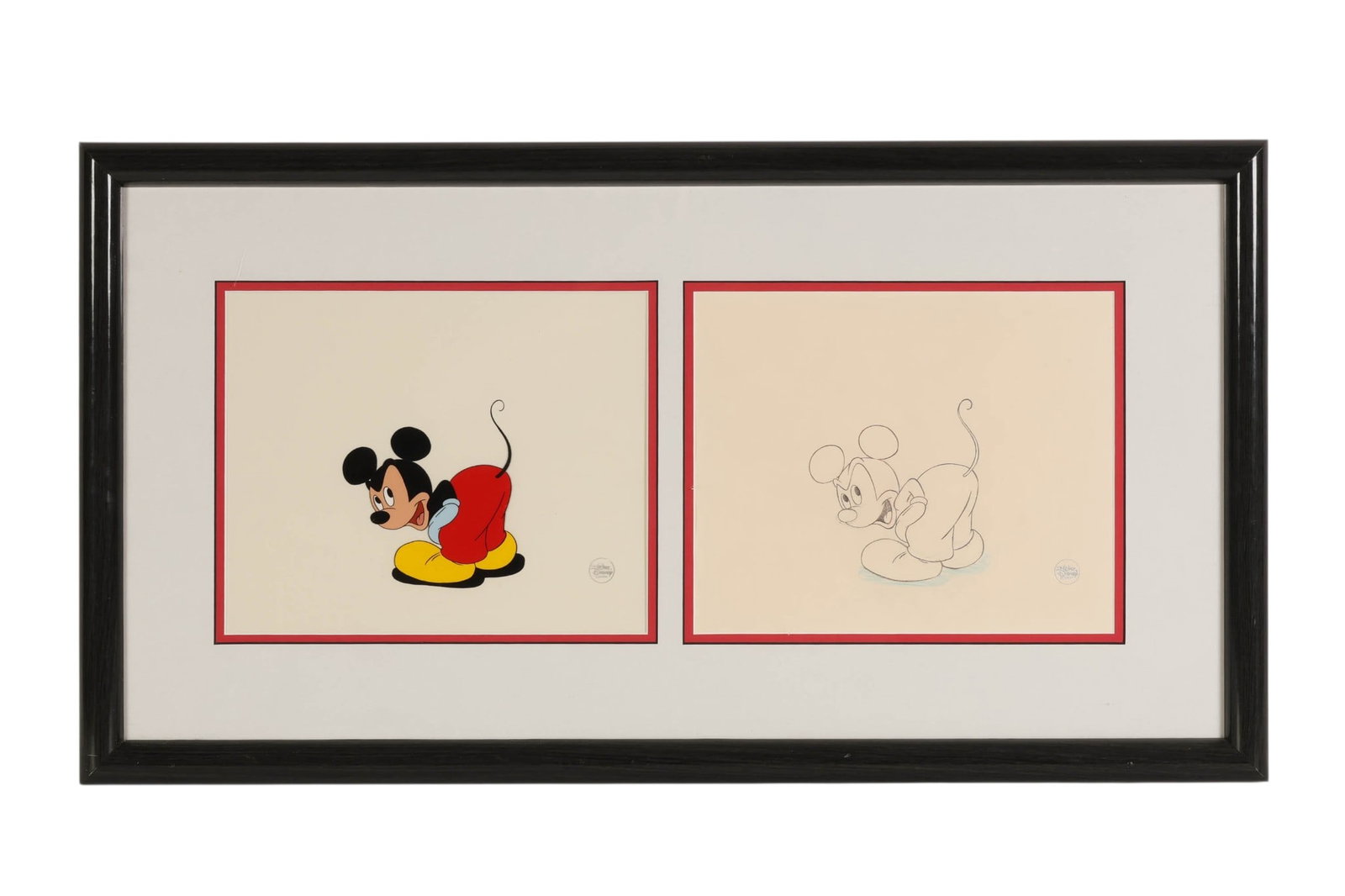 Disney Mickey's 60th Birthday Cel and Drawing COA: Walt Disney Studios lot featuring a hand-painted animation cel of Mickey Mouse alongside the corresponding clean-up drawing used in the production of the television special Mickeys 60th Birthday, whic