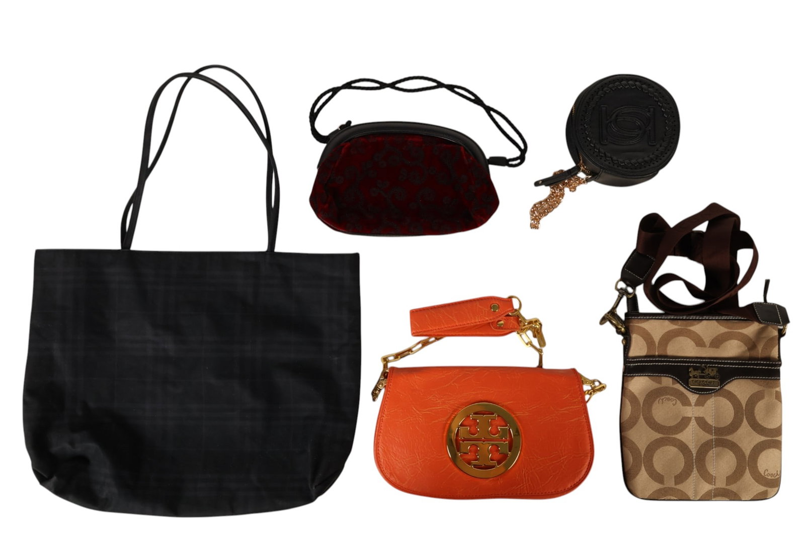 Burberry Coach Bebe Tory Burch Pliner Handbag LOT: Collection of five designer handbags including a Burberry London dark plaid fabric tote with double shoulder straps, a Coach signature canvas crossbody bag with brown leather trim and adjustable strap