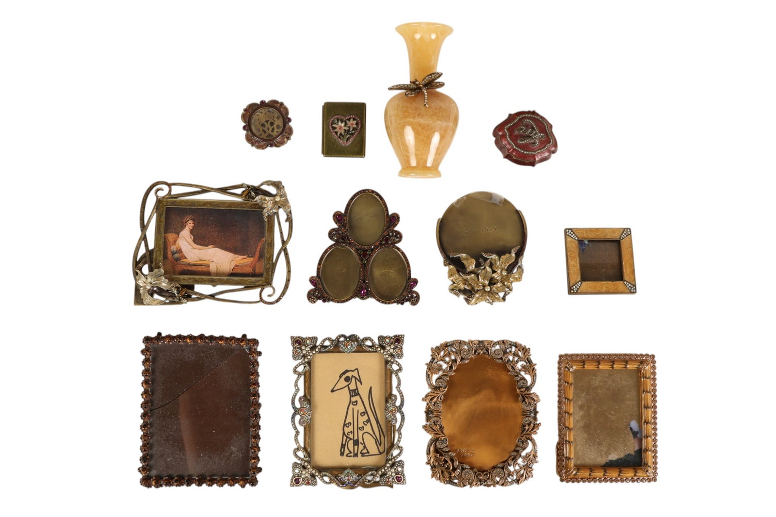 Jay Strongwater Photo Frames Vase and Box 12pc LOT: Estate collection of twelve decorative objects including nine Jay Strongwater picture frames, one Jay Strongwater Love trinket box, one Jay Strongwater hardstone vase with dragonfly embellishments, an
