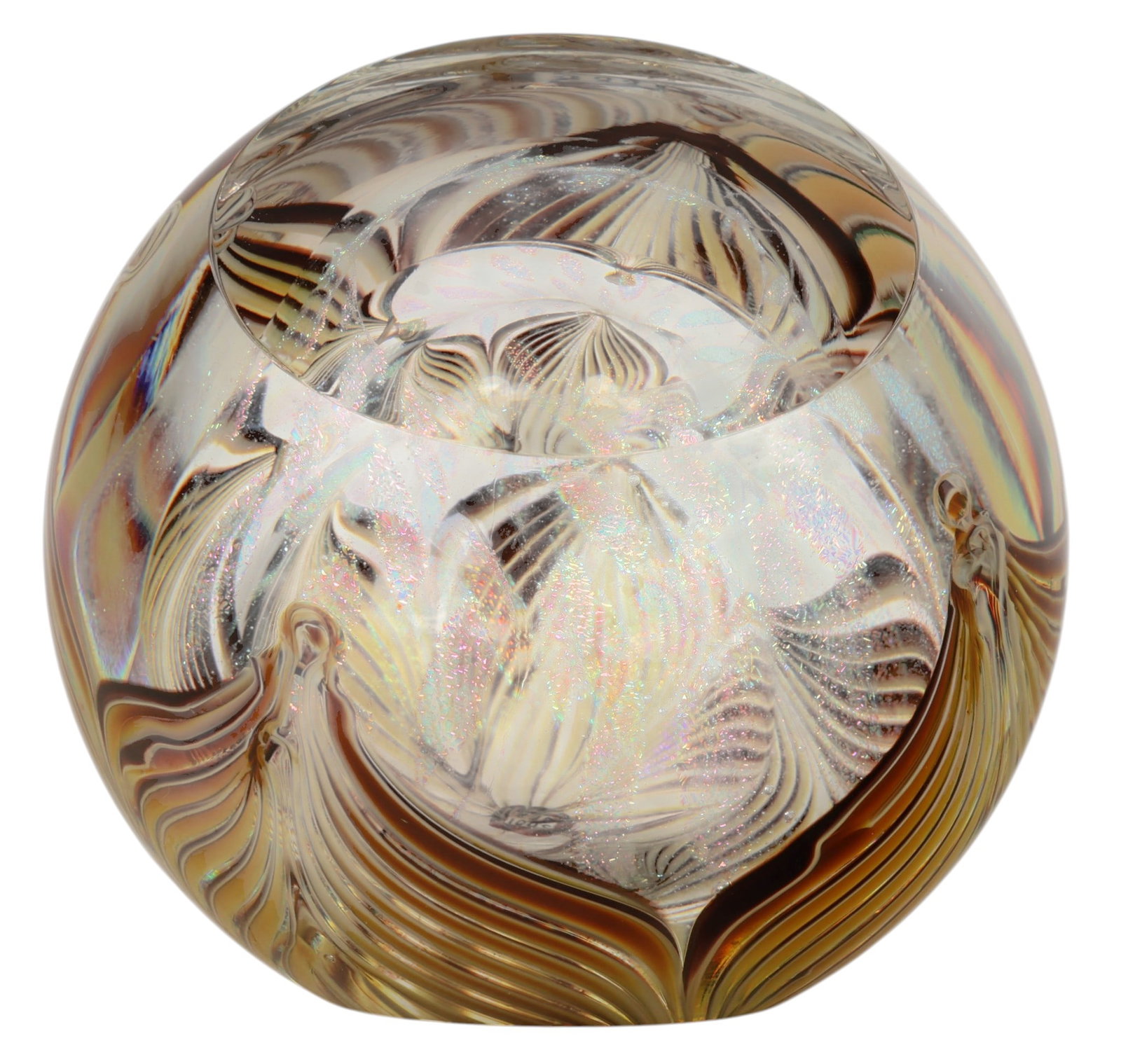GES Glass Eye Studio Yellow Ribbon Paperweight: Glass Eye Studio, art glass paperweight of rounded form featuring layered ribbon and feather-like internal decoration in amber, yellowish brown, and cream tones with iridescent inclusions. The composi