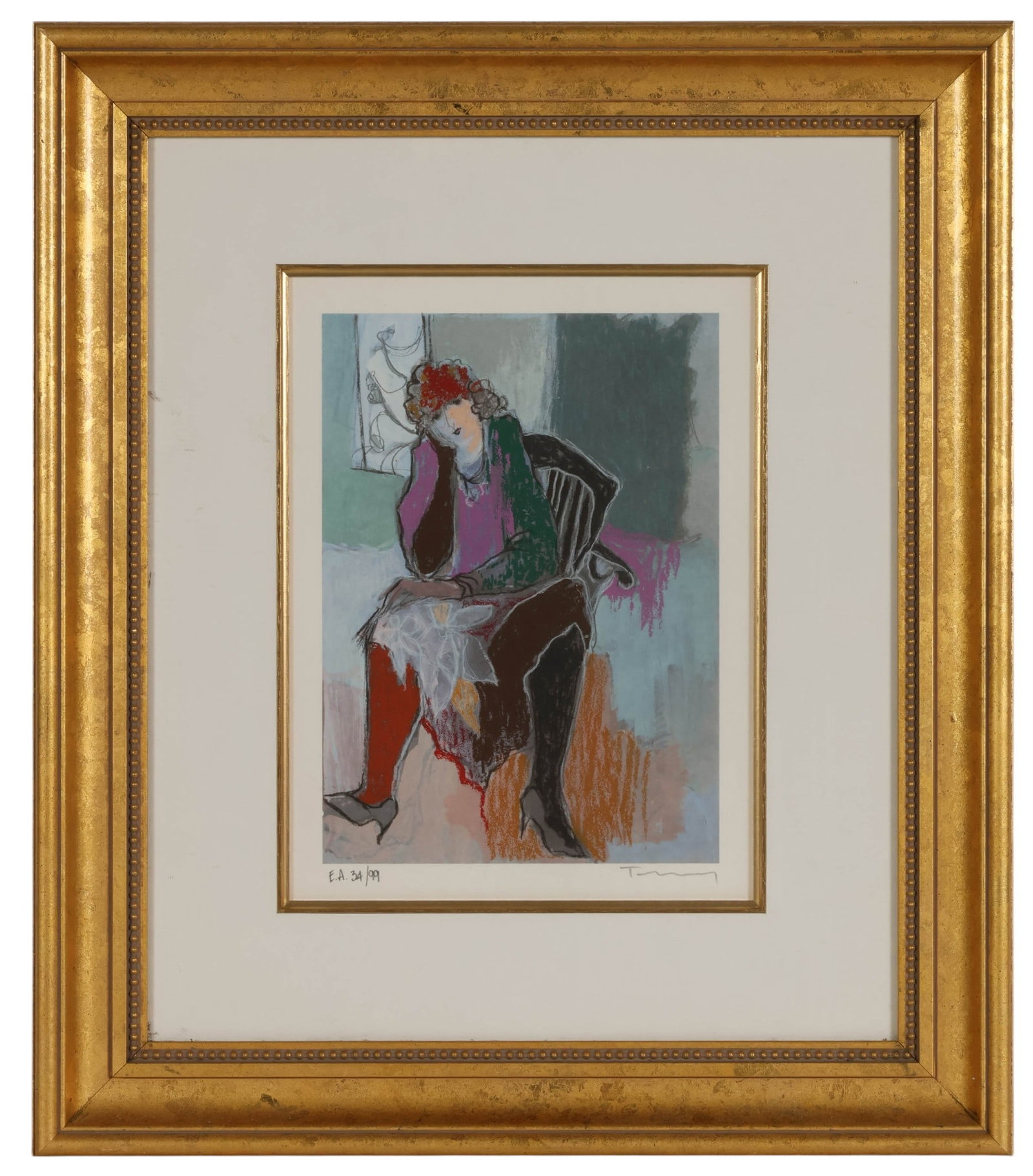 Itzchak Tarkay 1935-2012 Waiting Lithograph SIGNED: Itzchak Tarkay (Israeli, 1935-2012), Waiting for a Friend, color serigraph on paper depicting a seated female figure in an interior setting. The composition features elongated form, soft facial featur