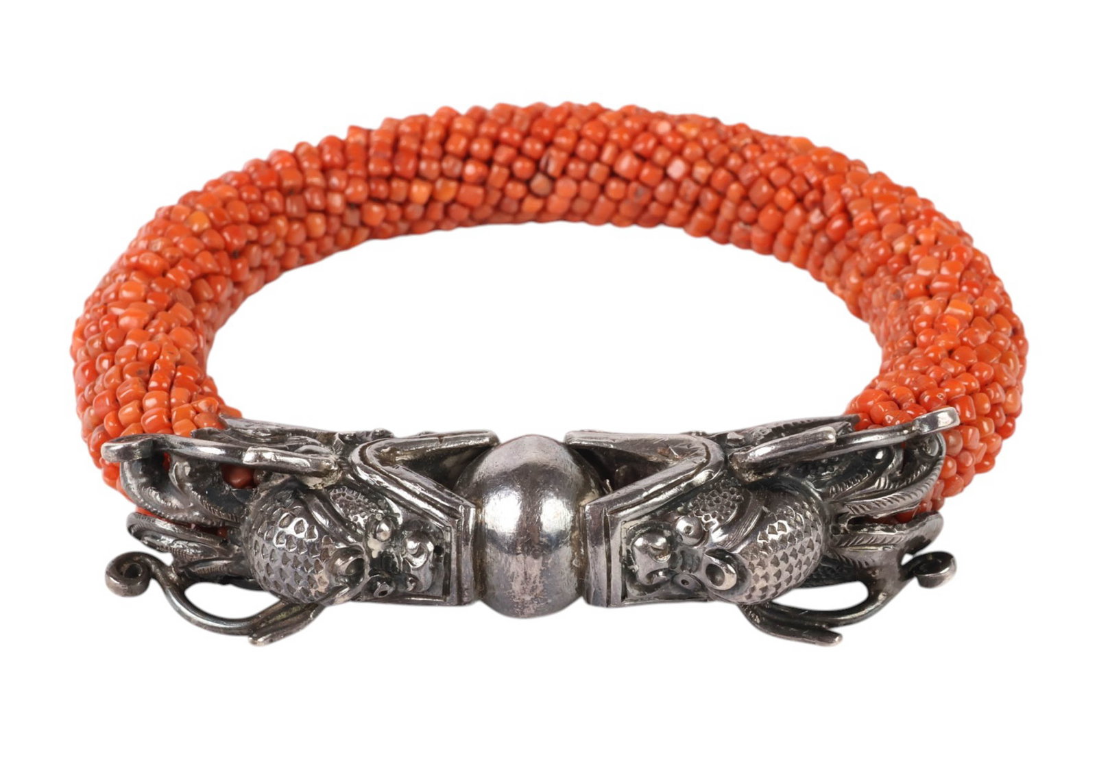 Chinese Beaded Coral Silver Double Dragons Bangle (1 of 6)