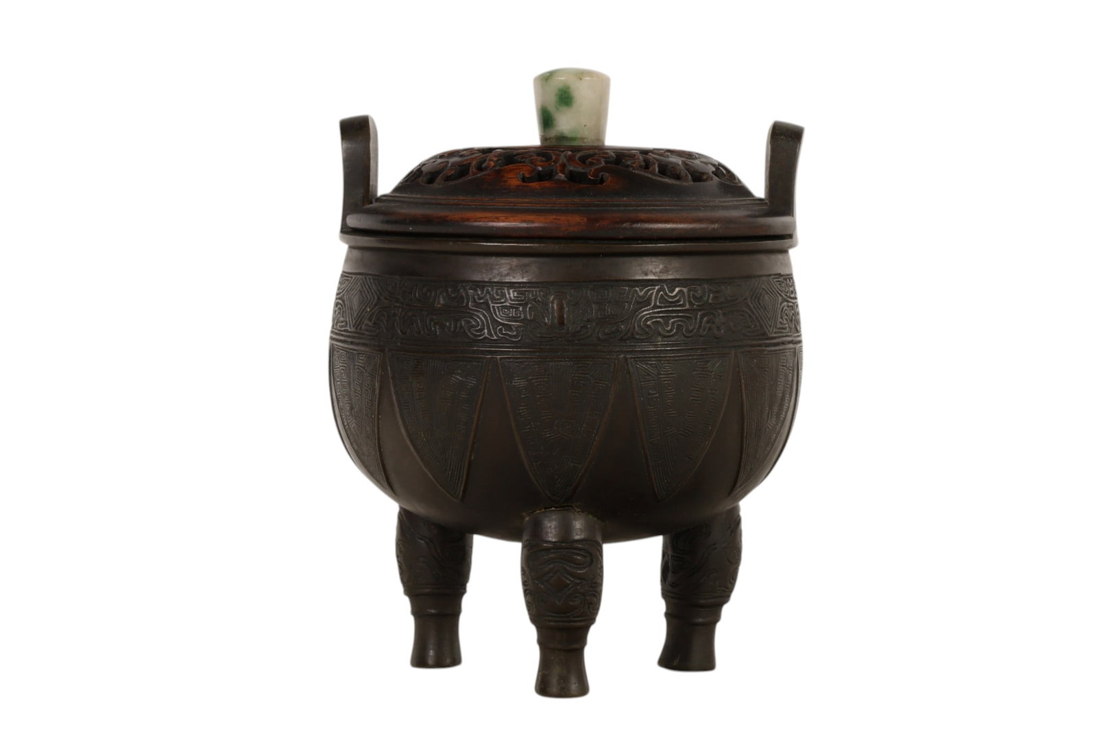 Chinese Bronze Tripod Censer w/ White Jade Finial (1 of 6)