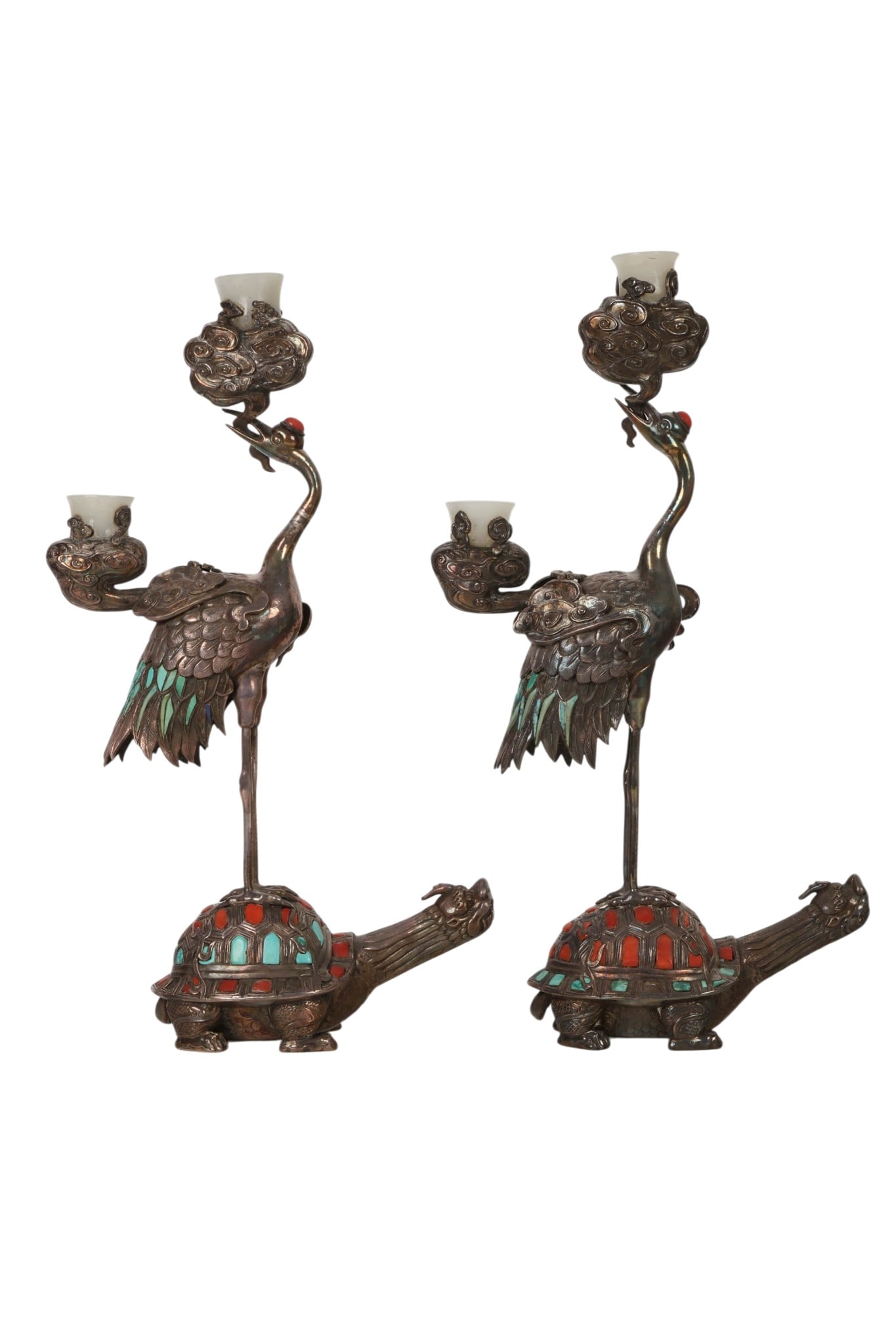 Chinese Pair of Silver Crane & Turtle Candelabras (1 of 6)