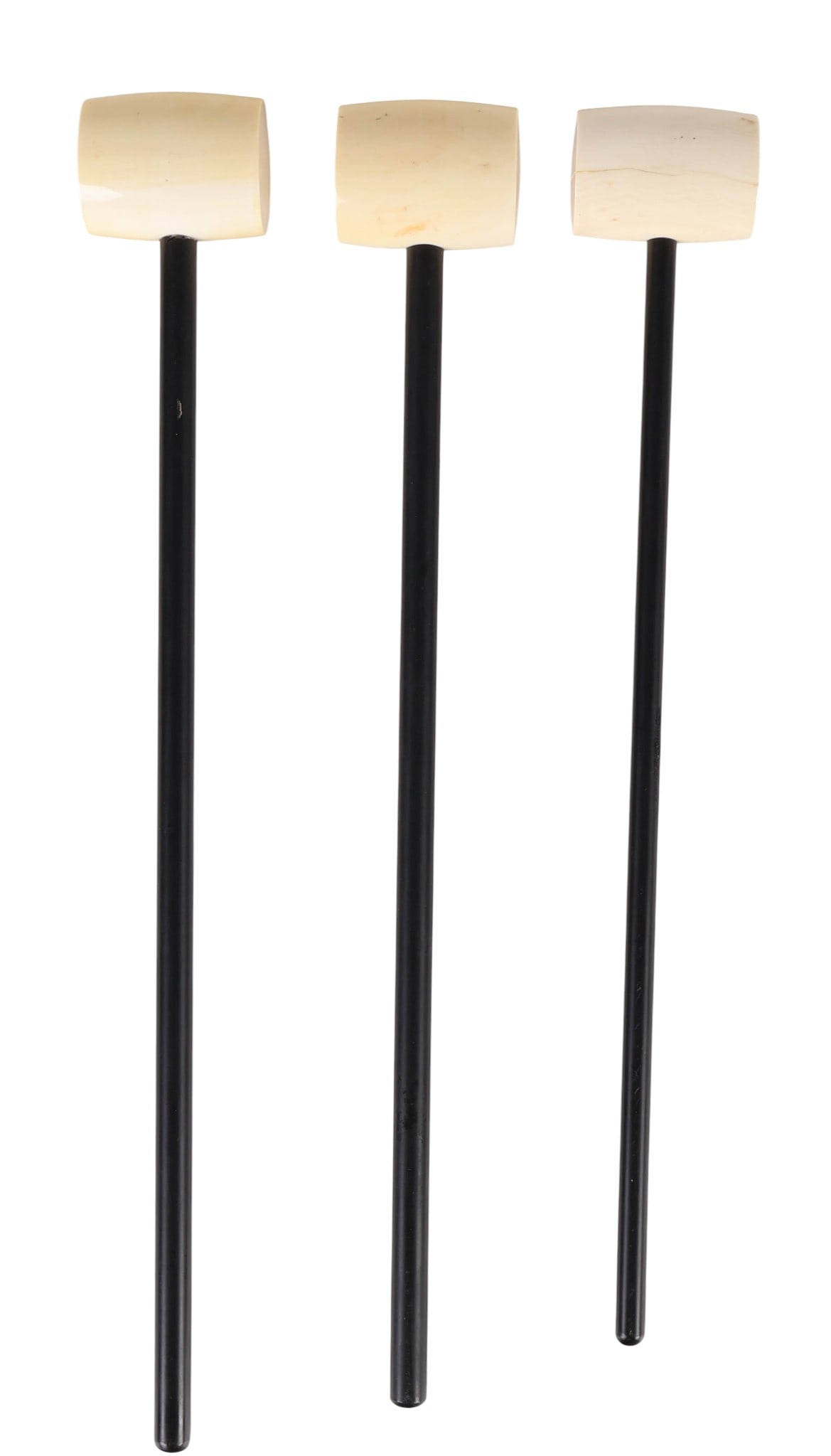 Antique Wood and Organic Temple Gong Mallets LOT: Lot of three antique percussion beaters featuring cylindrical white heads and black shafts composed of wood and other natural materials. Measurements range from approximately 12.75 x 1.75 x 1.25 inche