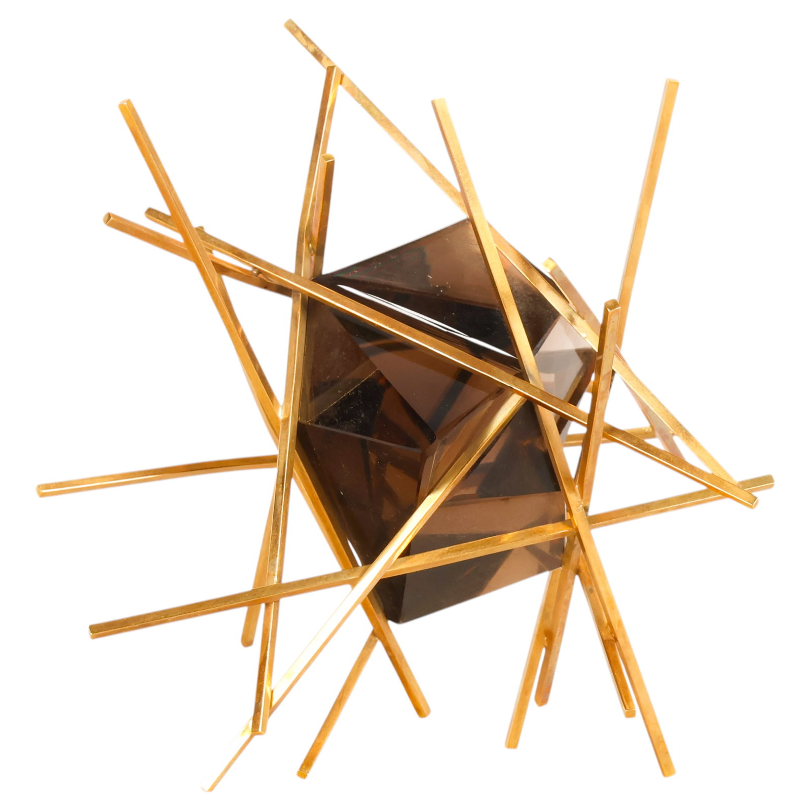 18K Gold & Topaz Modern Sculpture by Henry Shawah: Henry Shawah (American, 19202009), modern abstract sculpture featuring a faceted smoky topaz gemstone mounted within an intersecting radiating framework of 18K yellow gold rods. Incised artist signatu