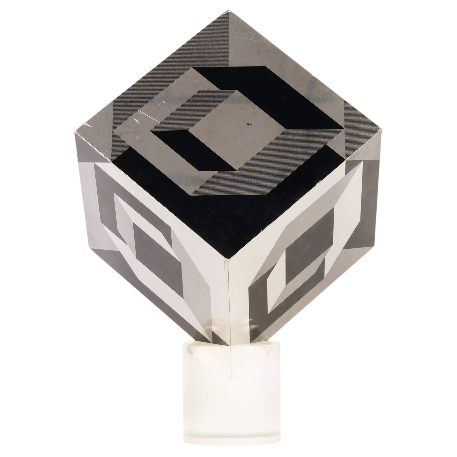Victor Vasarely 1906-1997 Tridim Op Art Sculpture: Victor Vasarely (Hungarian/French, 1906-1997), Tridim, 1970, op art screenprint on anodized aluminum in cube form. The geometric composition creates a three-dimensional optical illusion and is mounted
