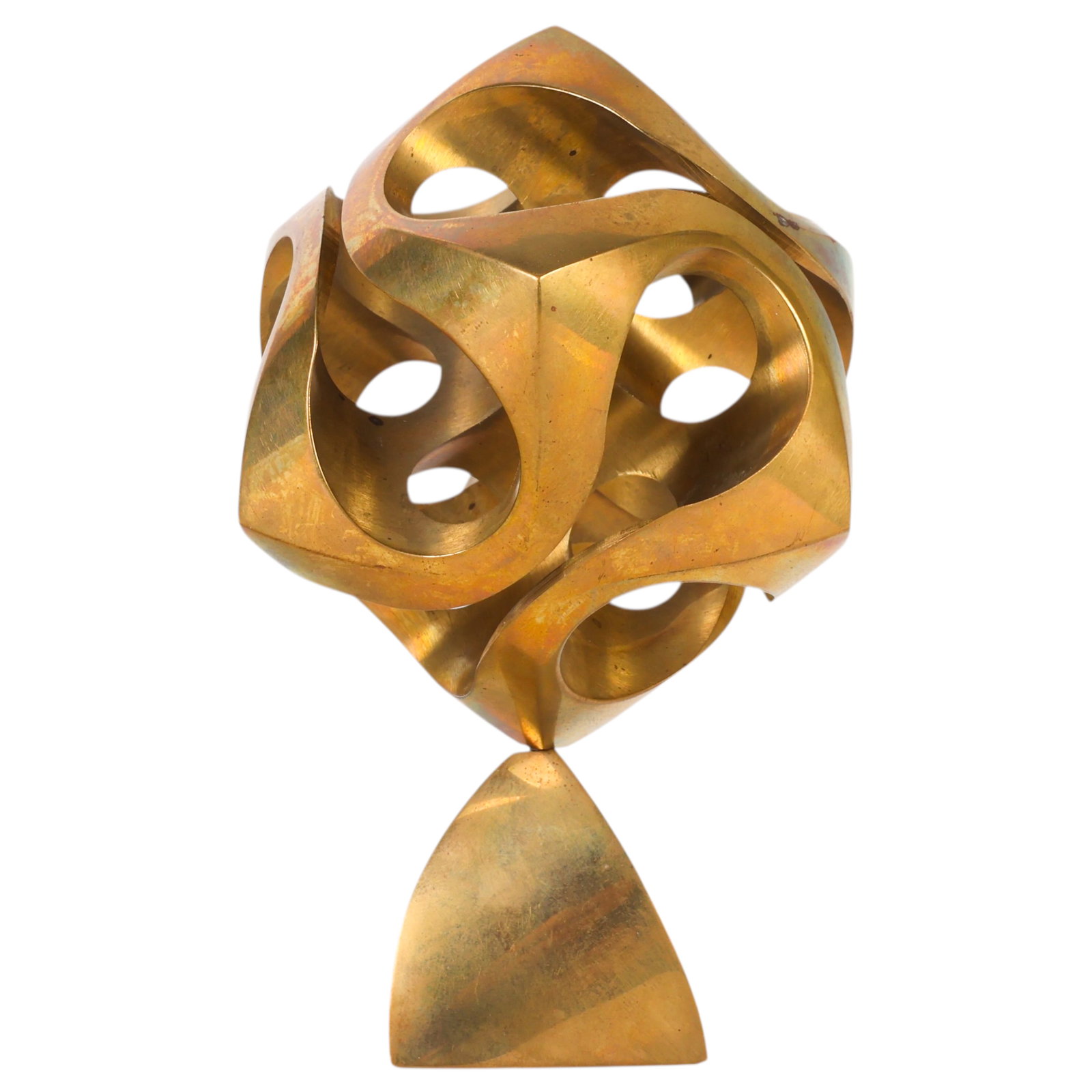 Charles O Perry 1929-2011 Bronze Cassini Sculpture: Charles Owen Perry (American, 1929-2011), Cassini, brass desk sculpture featuring an abstract geometric openwork form mounted on a triangular pedestal. The polished brass sculpture rotates on its base