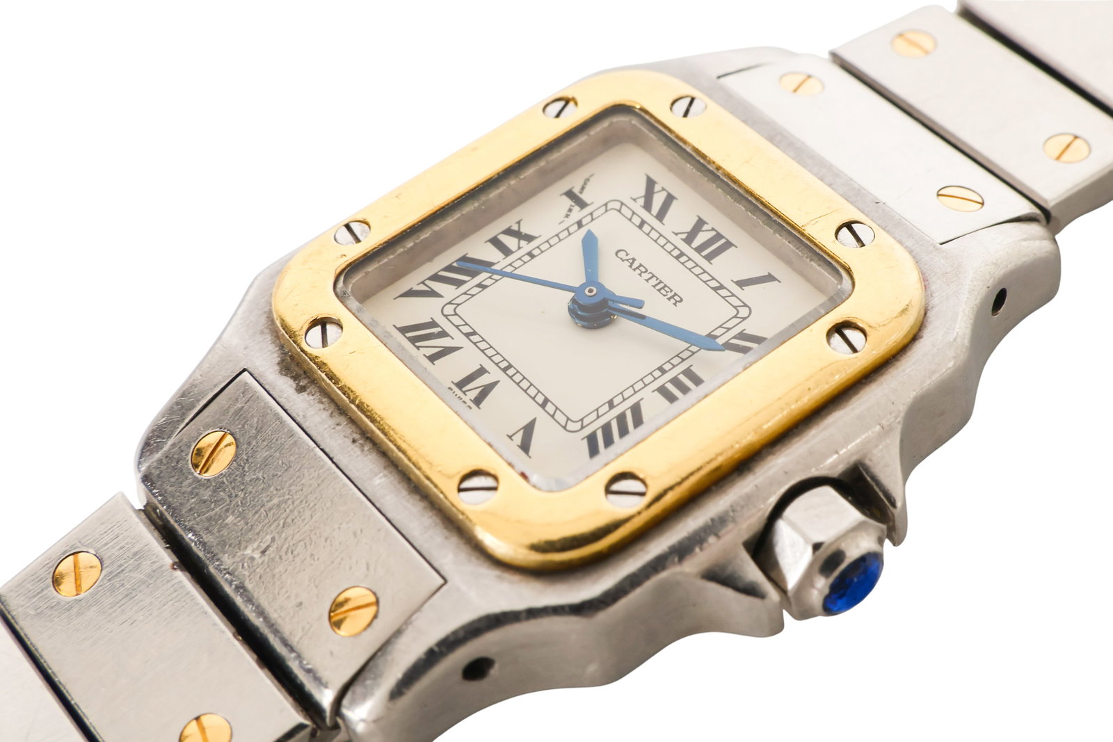 Cartier Santos 18k and Steel Ladies Wrist Watch: Ladies Cartier Santos automatic wristwatch, featuring a stainless steel and 18K yellow gold case and integrated bracelet with signature exposed screws. White dial with black Roman numeral hour markers