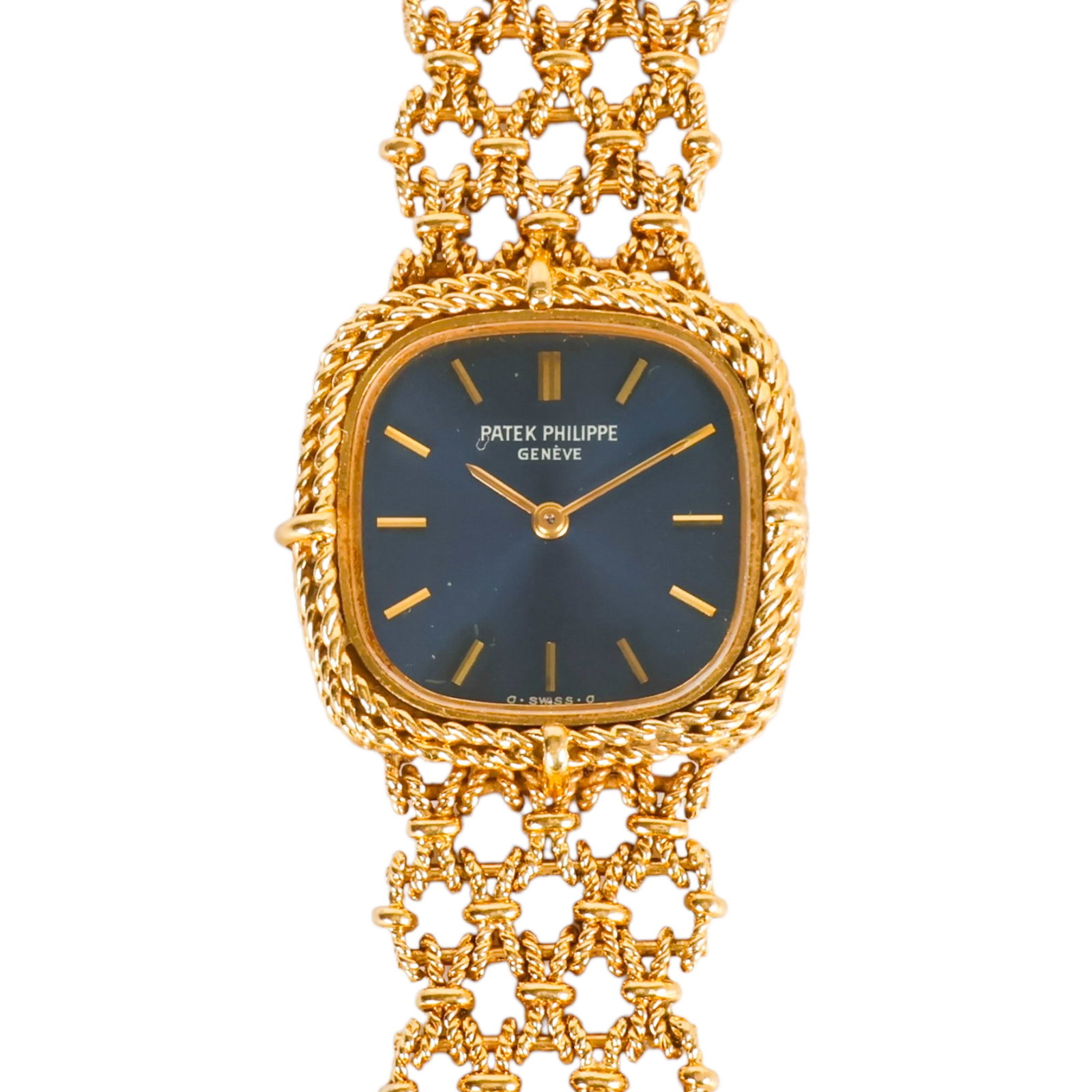 Patek Philippe 18K Woven Rope Link Ladies Watch: Patek Philippe Geneve vintage ladies wristwatch featuring a 23 mm 18K gold case with a blue dial, applied gold-tone baton hour markers, and an integrated openwork woven bracelet with a fold-over clasp