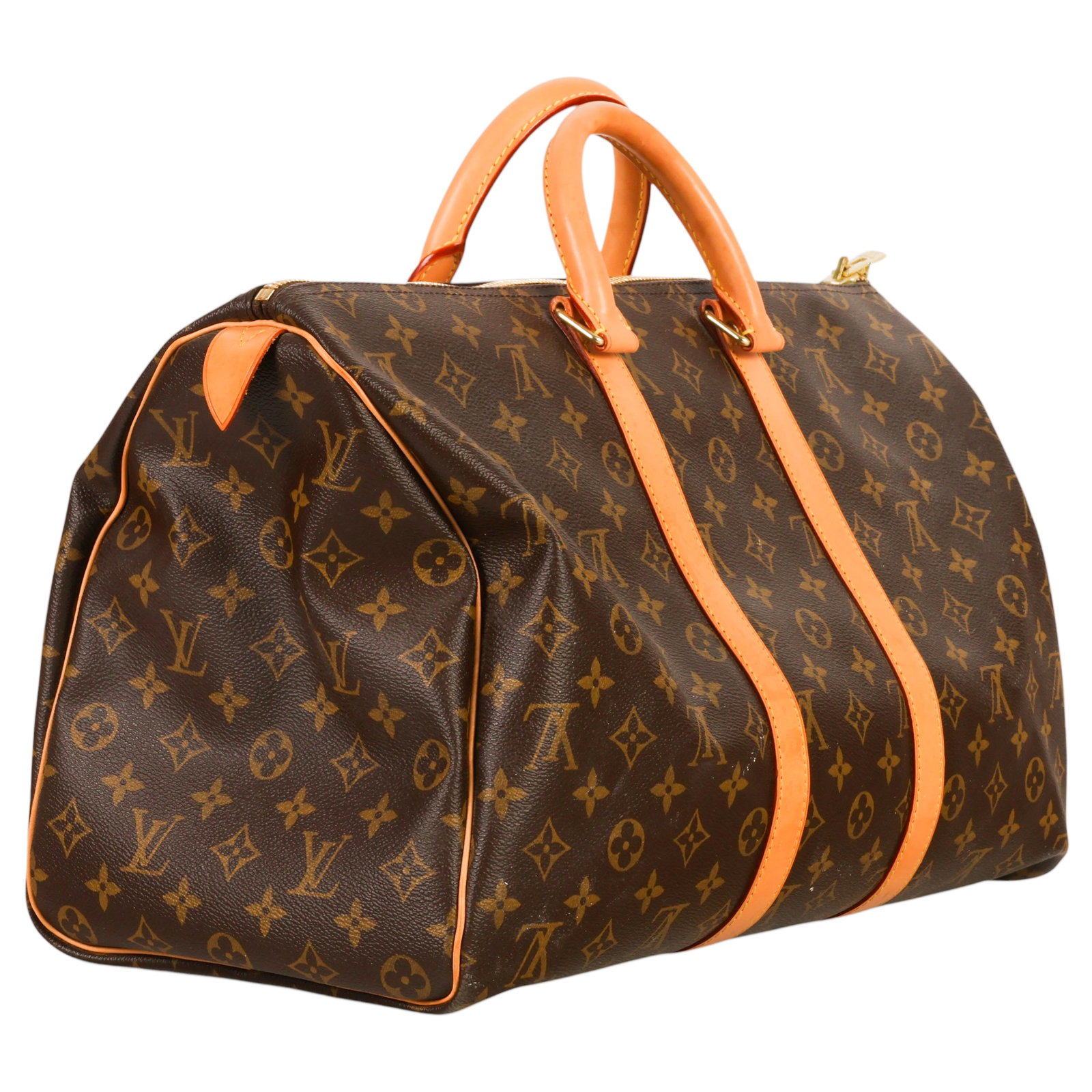 Louis Vuitton LV Monogram Keepall 45 Travel Bag: Louis Vuitton Monogram Keepall 45 travel bag, crafted in the iconic Monogram coated canvas with natural cowhide leather trim, rolled leather dual handles, double zip-top closure, brass-tone hardware, 